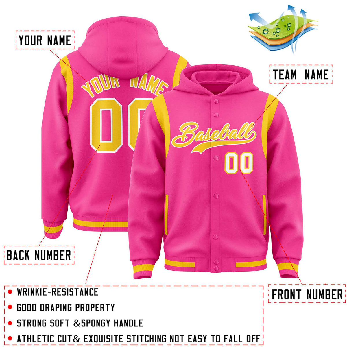 Custom Pink Gold Varsity Full-Snap Letterman Shoulder Color Block Jacket Hoodie| KXKSHOP