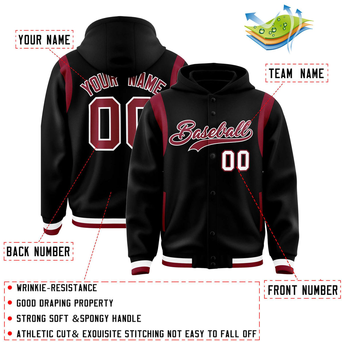Custom Black Crimson Varsity Full-Snap Letterman Shoulder Color Block Jacket Hoodie| KXKSHOP