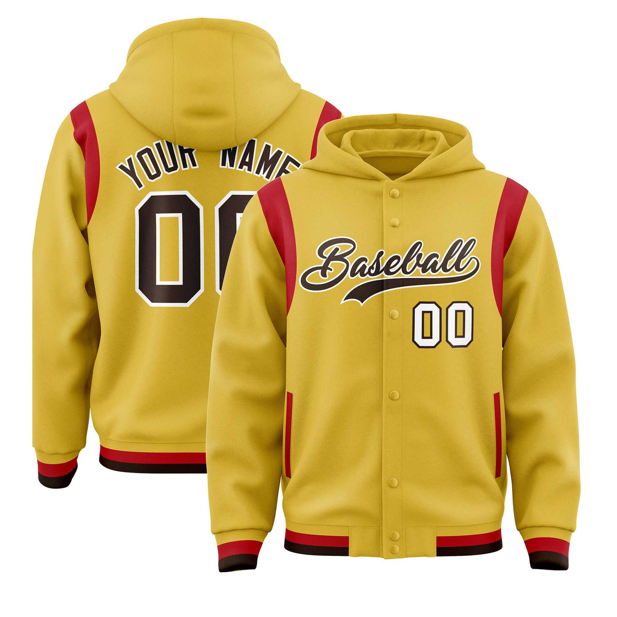 Custom Old Gold Brown Varsity Full-Snap Letterman Shoulder Color Block Jacket Hoodie| KXKSHOP