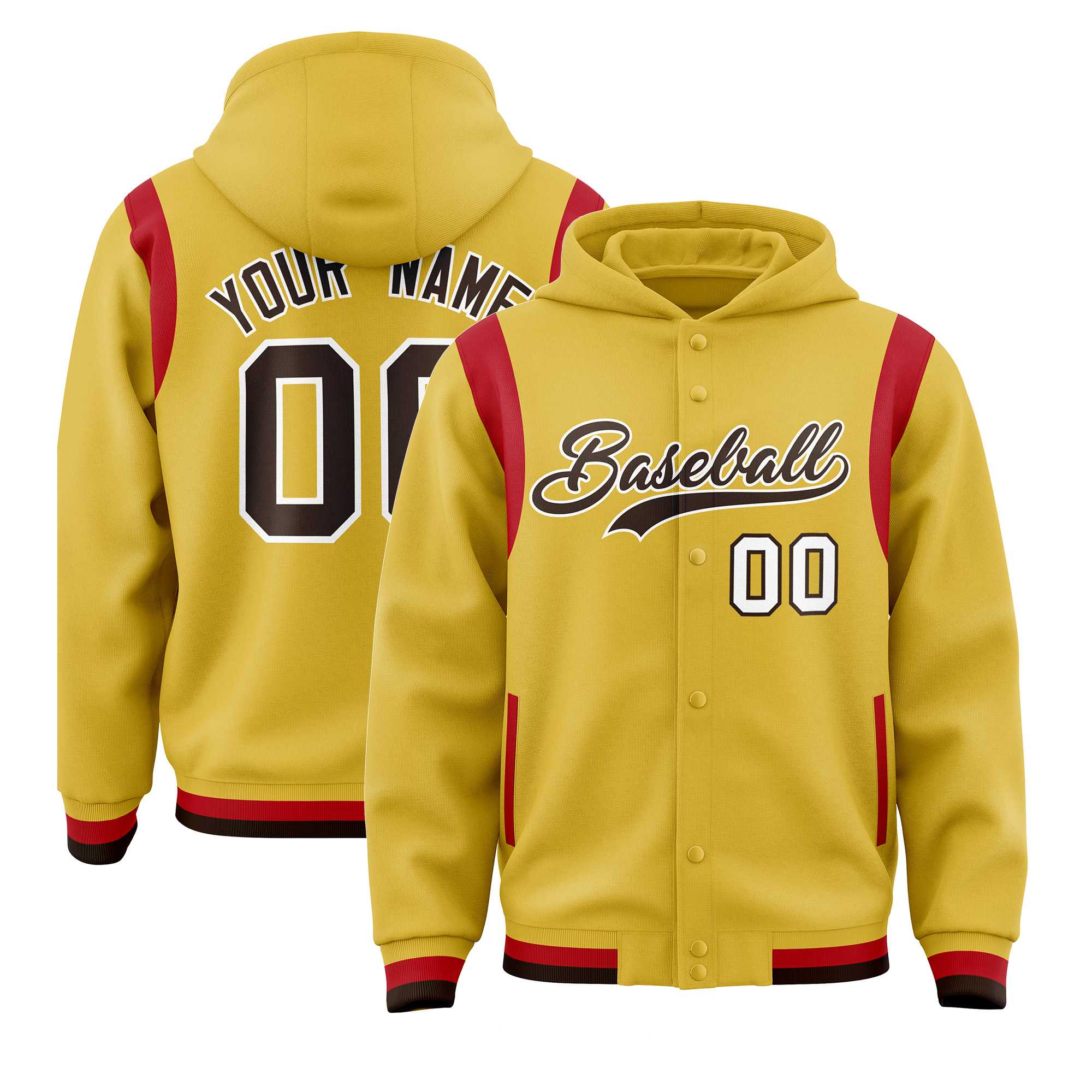 Custom Old Gold Brown Varsity Full-Snap Letterman Shoulder Color Block Jacket Hoodie| KXKSHOP