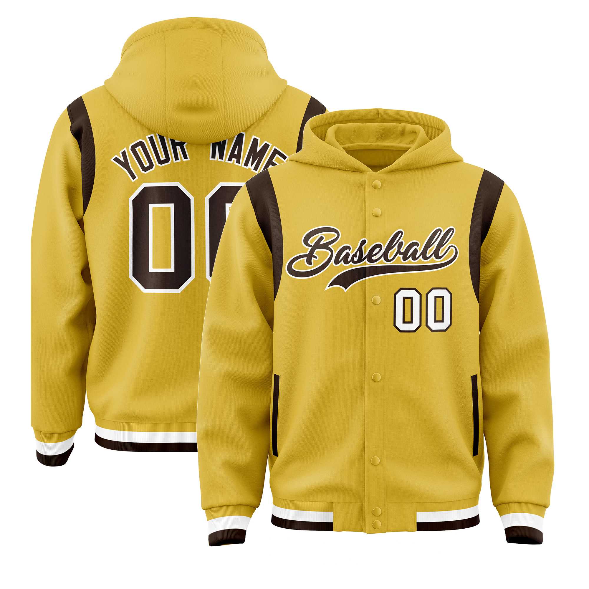 Custom Old Gold Brown Varsity Full-Snap Letterman Shoulder Color Block Jacket Hoodie| KXKSHOP