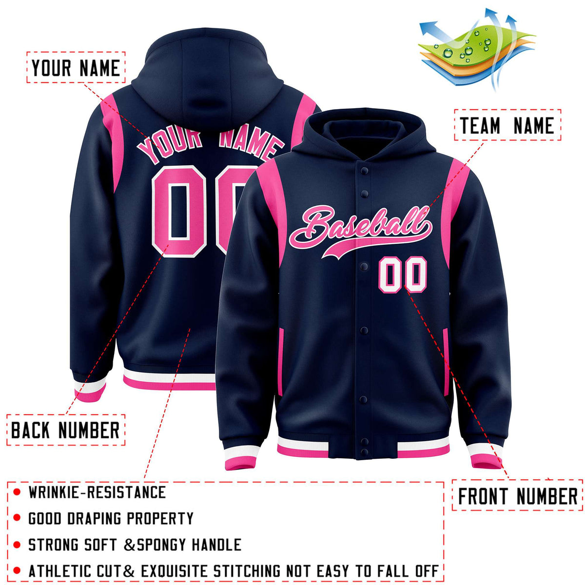 Custom Navy Pink Varsity Full-Snap Letterman Shoulder Color Block Jacket Hoodie| KXKSHOP