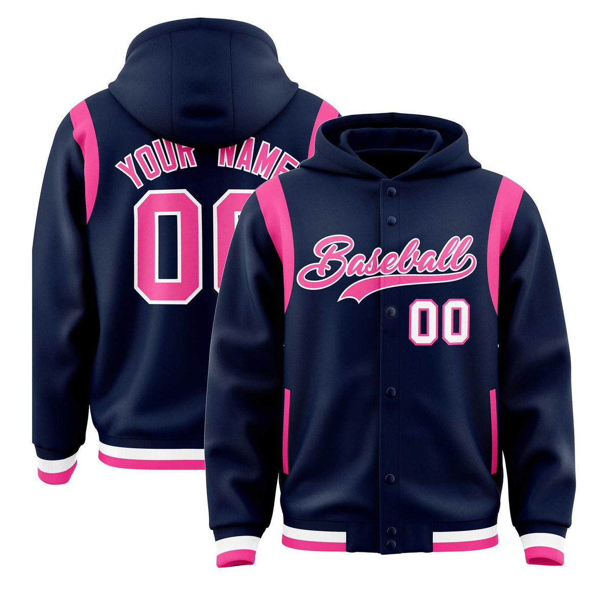 Custom Navy Pink Varsity Full-Snap Letterman Shoulder Color Block Jacket Hoodie| KXKSHOP