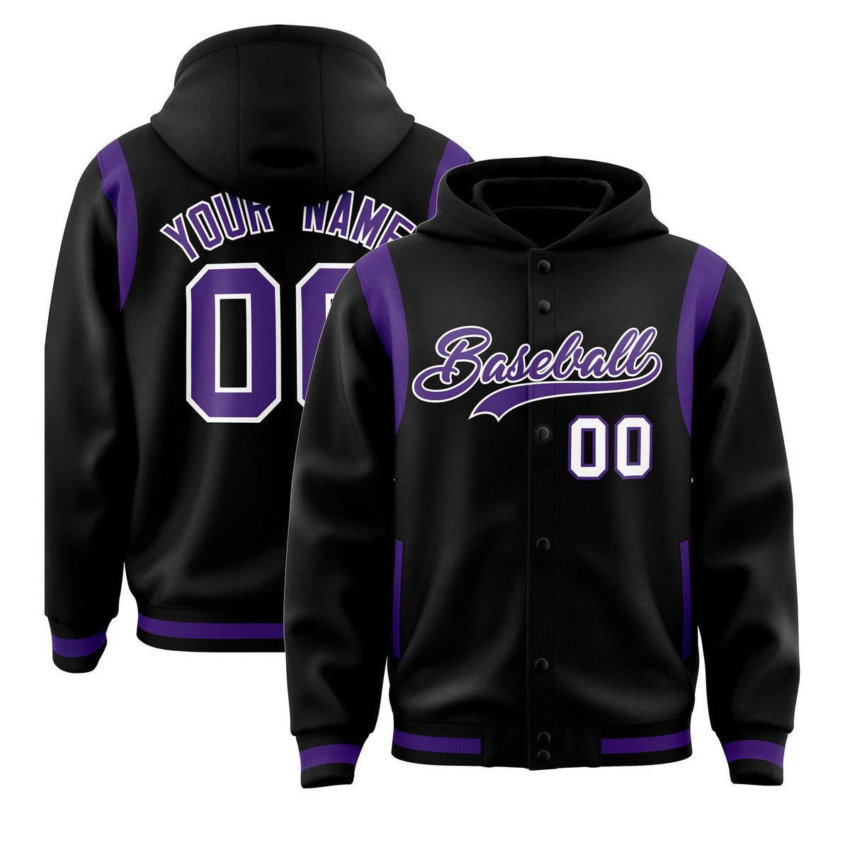 Custom Black Purple Varsity Full-Snap Letterman Shoulder Color Block Jacket Hoodie| KXKSHOP