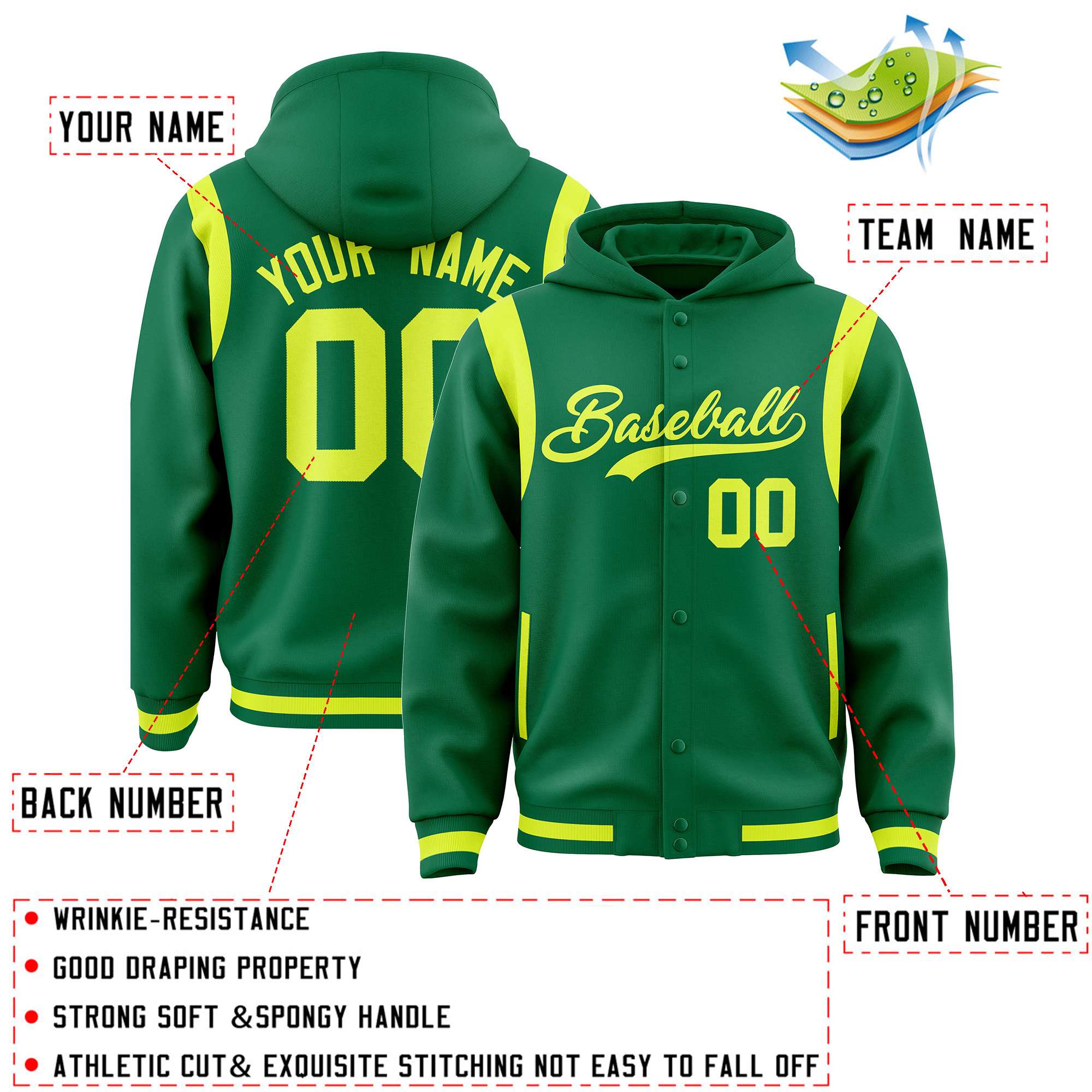 Custom Kelly Green Fluorescent Green Varsity Full-Snap Letterman Shoulder Color Block Jacket Hoodie| KXKSHOP