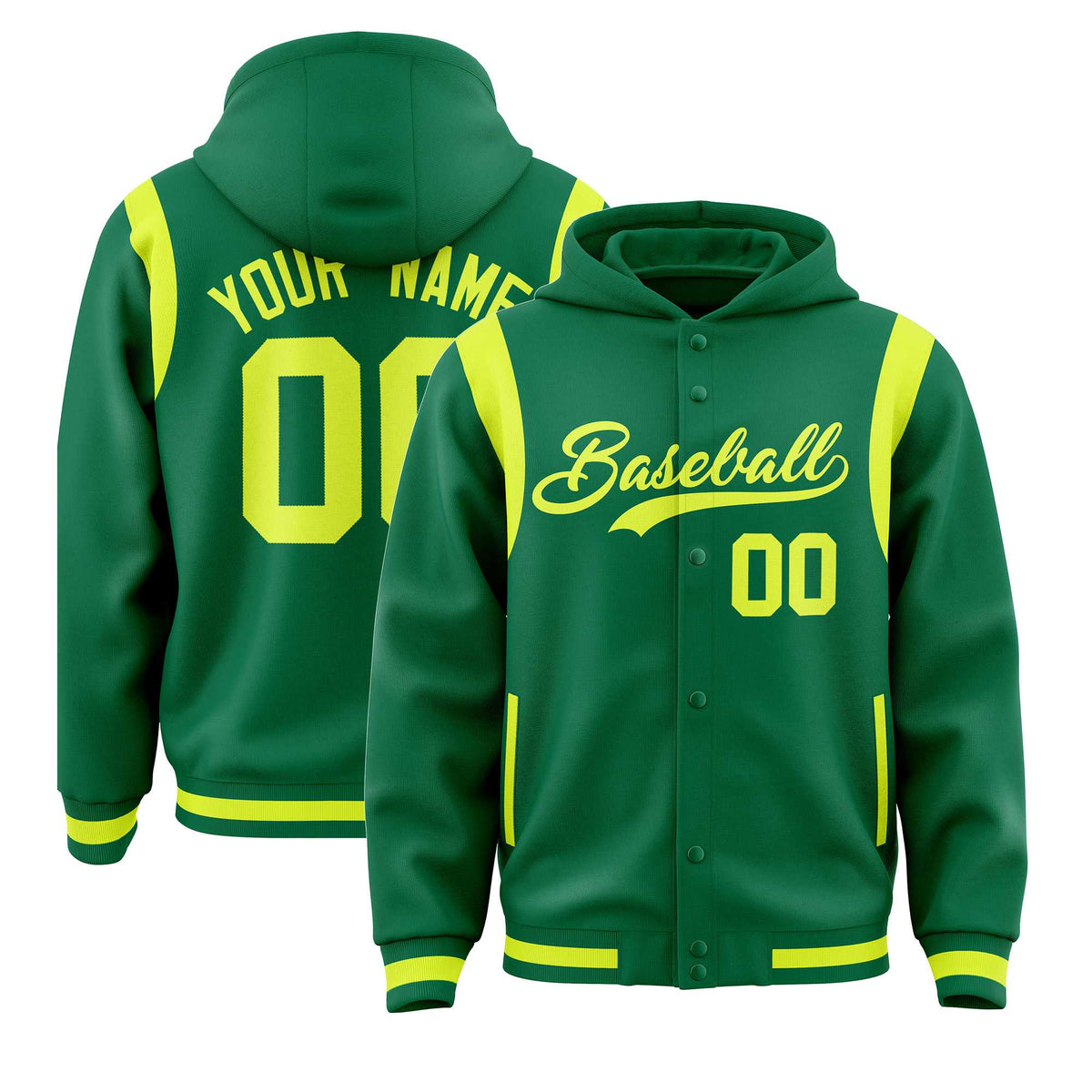 Custom Kelly Green Fluorescent Green Varsity Full-Snap Letterman Shoulder Color Block Jacket Hoodie| KXKSHOP