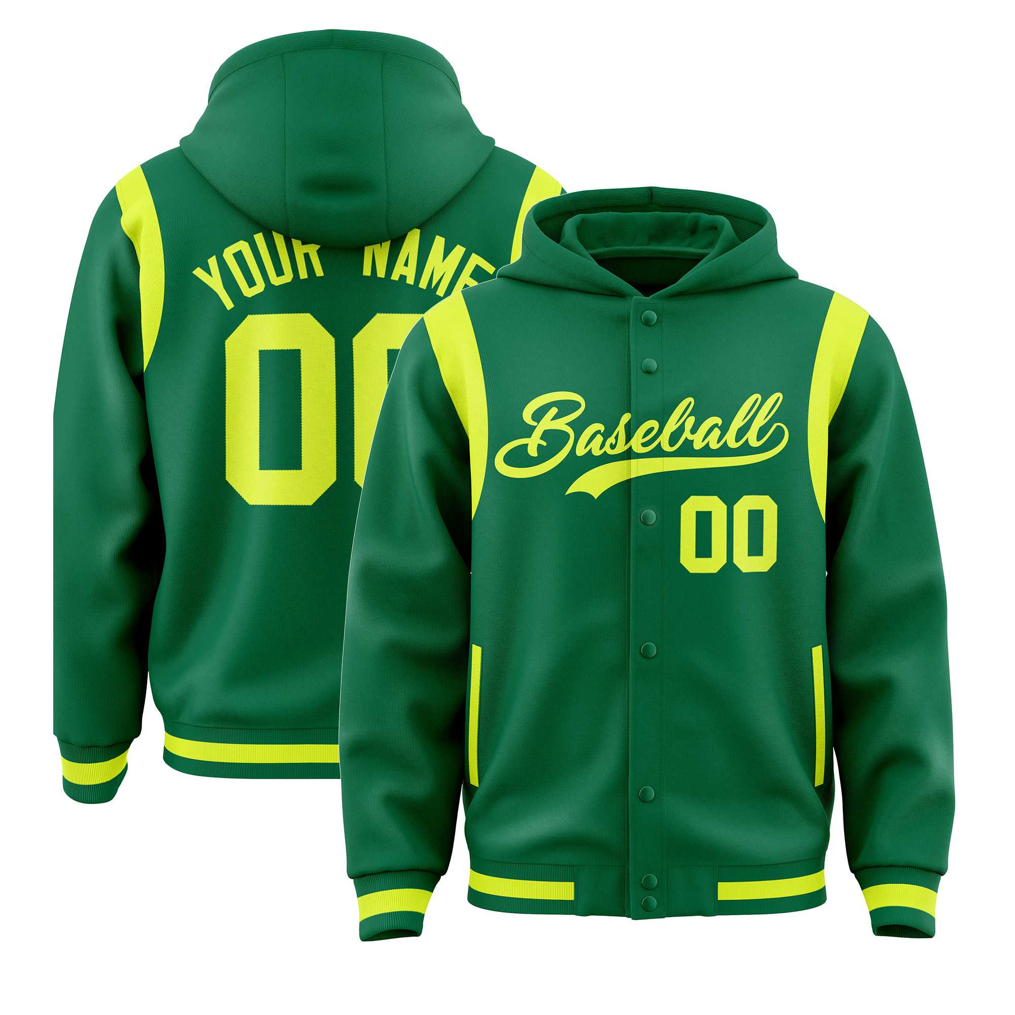 Custom Kelly Green Fluorescent Green Varsity Full-Snap Letterman Shoulder Color Block Jacket Hoodie| KXKSHOP