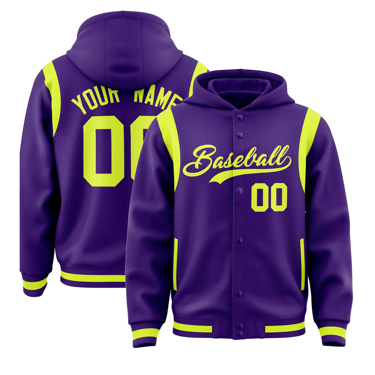 Custom Purple Fluorescent Green Varsity Full-Snap Letterman Shoulder Color Block Jacket Hoodie| KXKSHOP