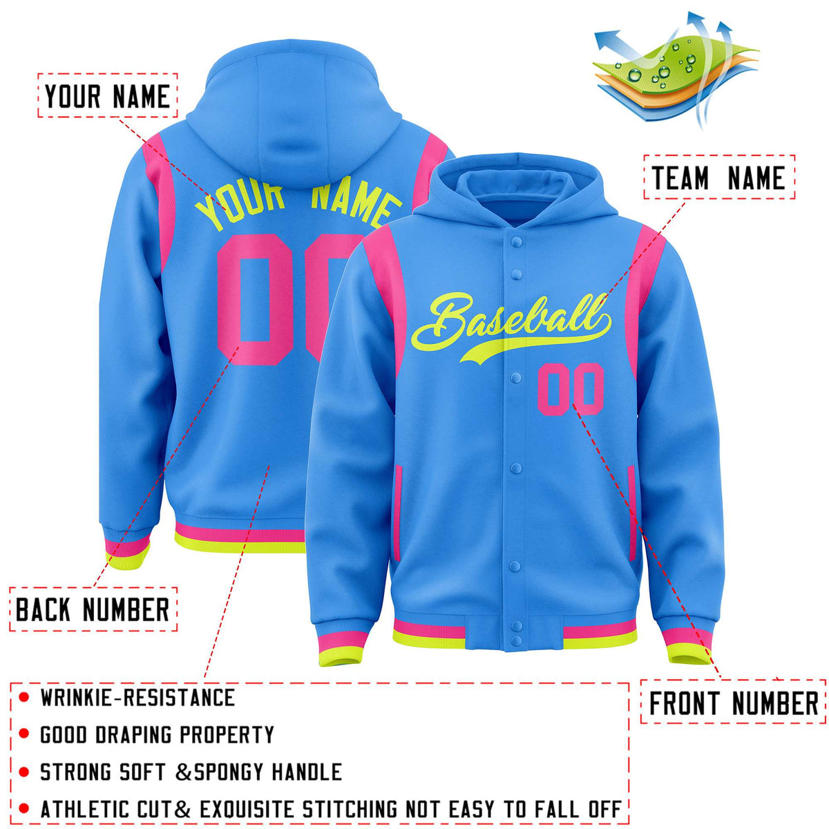 Custom Powder Blue Fluorescent Green Varsity Full-Snap Letterman Shoulder Color Block Jacket Hoodie| KXKSHOP