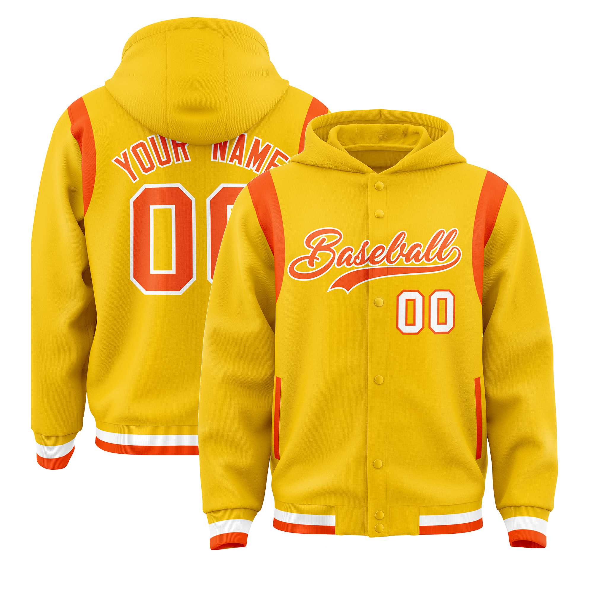 Custom Gold Orange Varsity Full-Snap Letterman Shoulder Color Block Jacket Hoodie| KXKSHOP