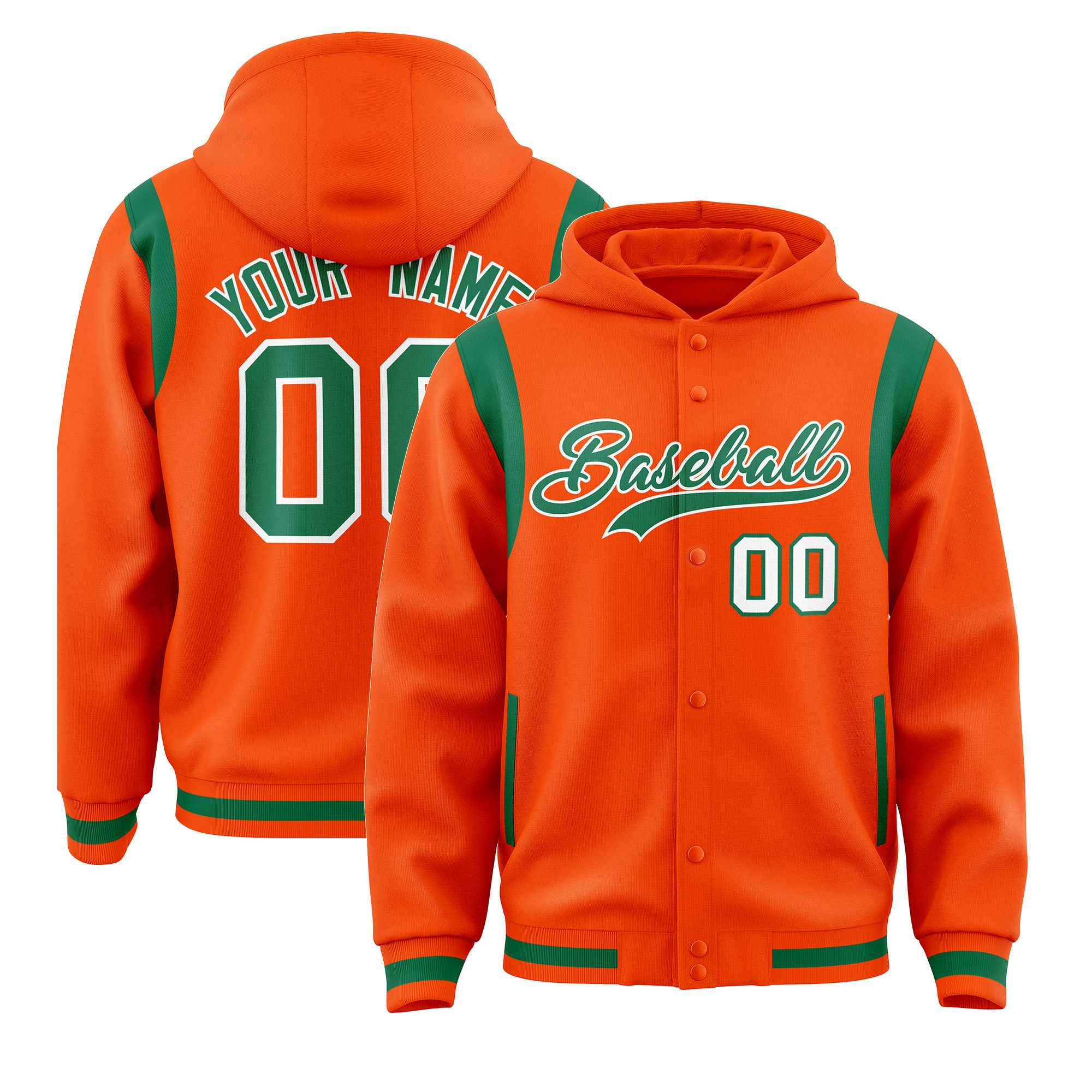 Custom Orange Kelly Green Varsity Full-Snap Letterman Shoulder Color Block Jacket Hoodie| KXKSHOP