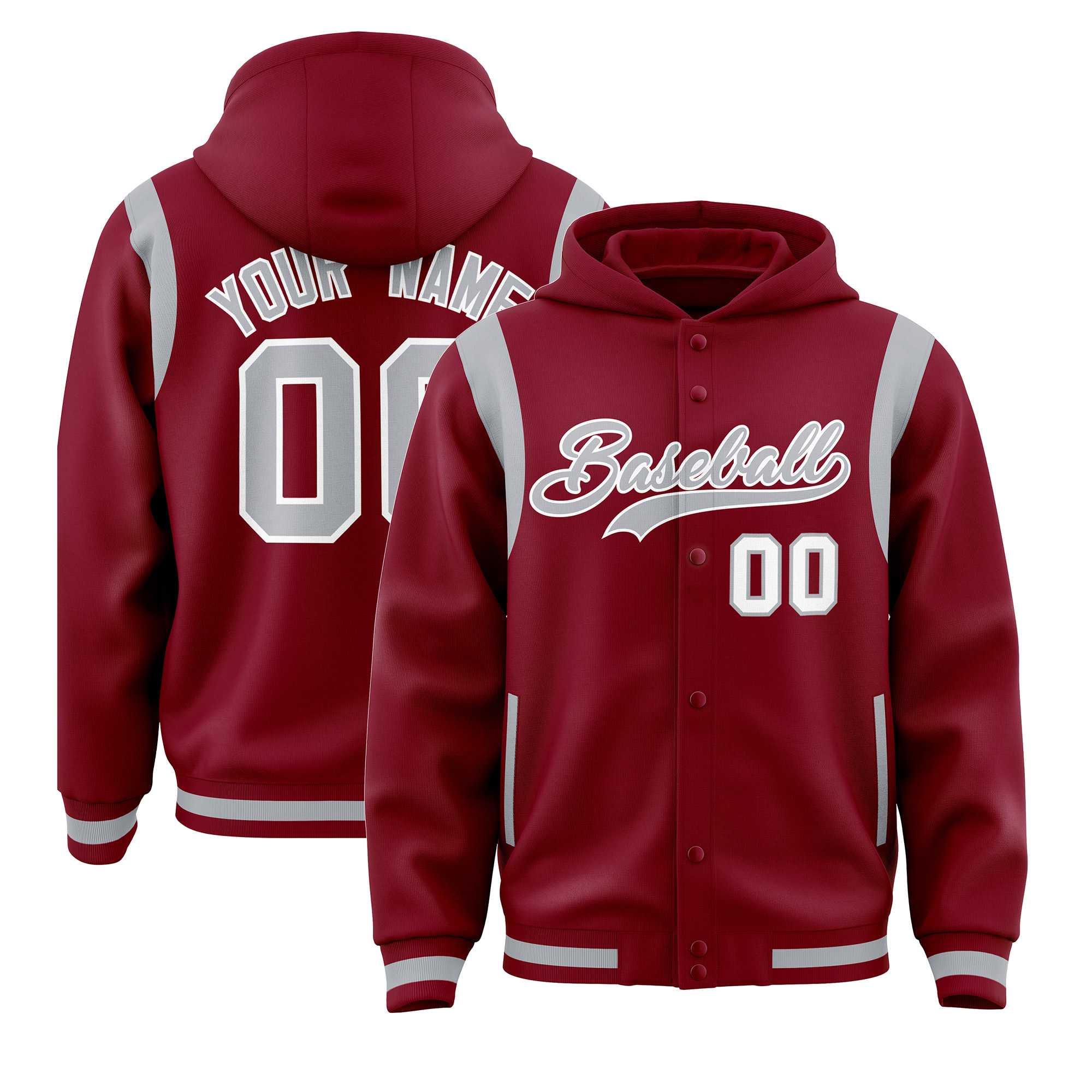 Custom Crimson Silver Varsity Full-Snap Letterman Shoulder Color Block Jacket Hoodie| KXKSHOP