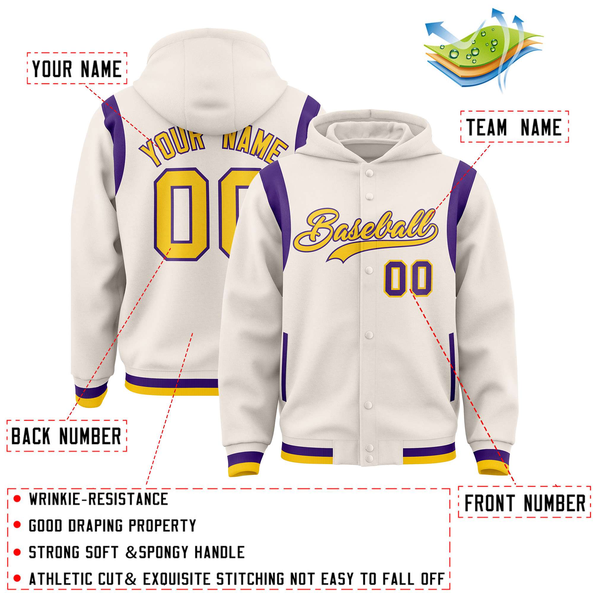Custom Cream Gold Varsity Full-Snap Letterman Shoulder Color Block Jacket Hoodie| KXKSHOP
