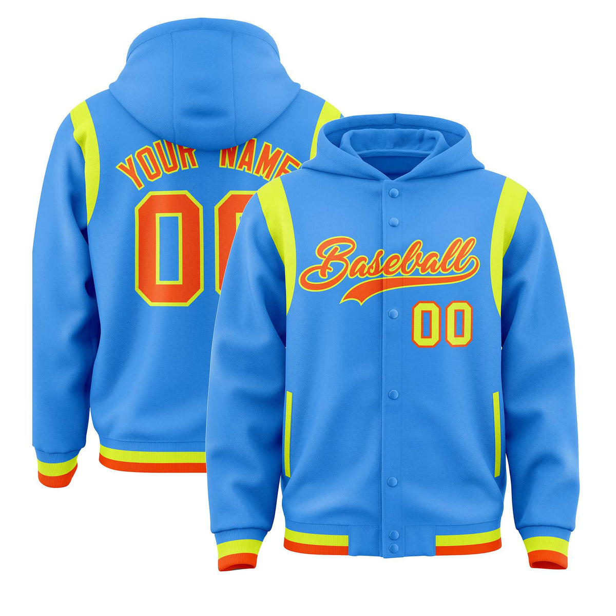 Custom Powder Blue Orange Varsity Full-Snap Letterman Shoulder Color Block Jacket Hoodie| KXKSHOP