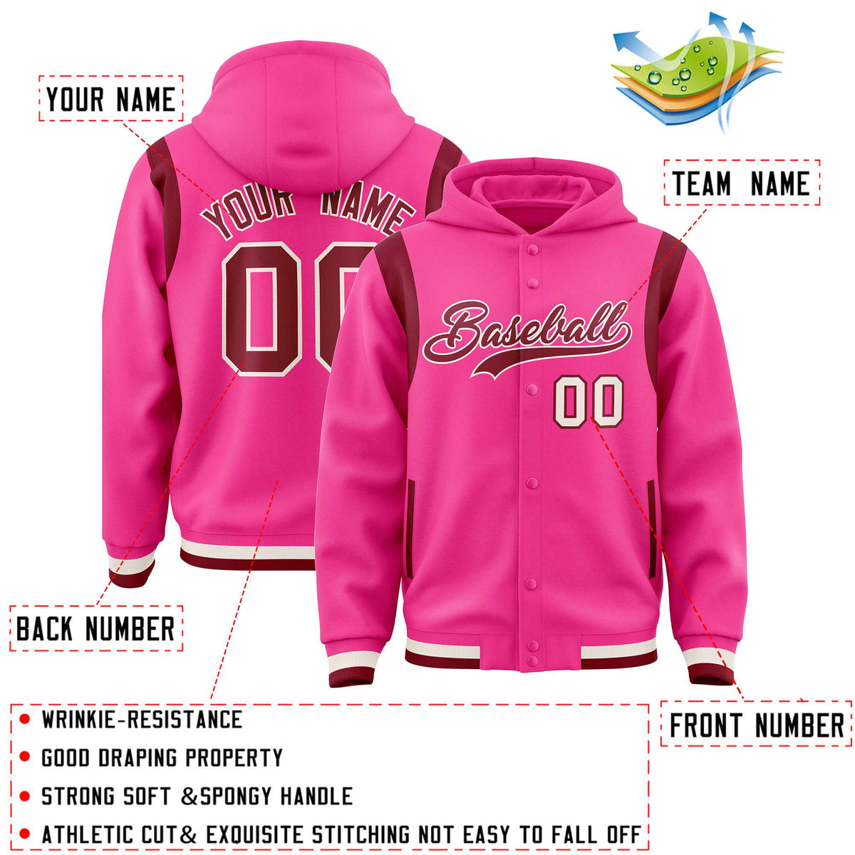 Custom Pink Crimson Varsity Full-Snap Letterman Shoulder Color Block Jacket Hoodie| KXKSHOP