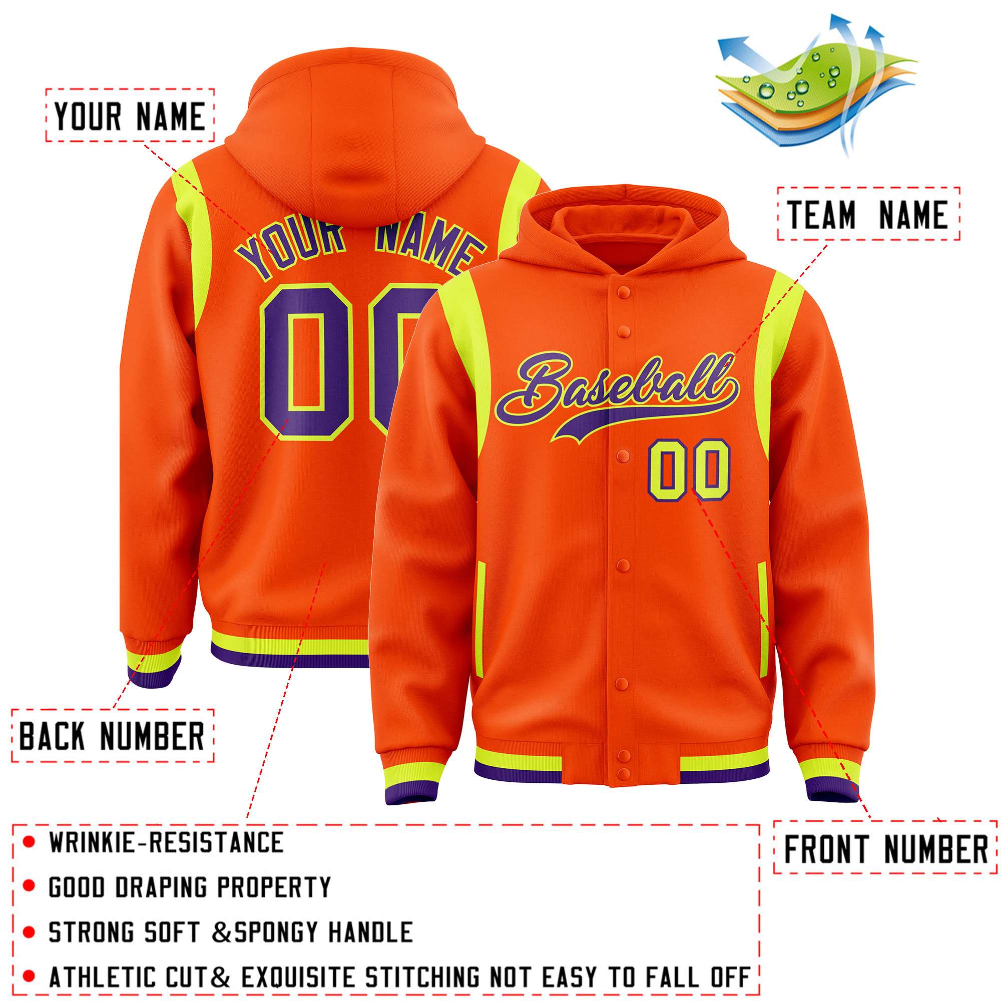 Custom Orange Purple Varsity Full-Snap Letterman Shoulder Color Block Jacket Hoodie| KXKSHOP