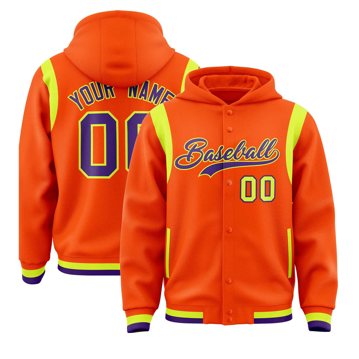 Custom Orange Purple Varsity Full-Snap Letterman Shoulder Color Block Jacket Hoodie| KXKSHOP