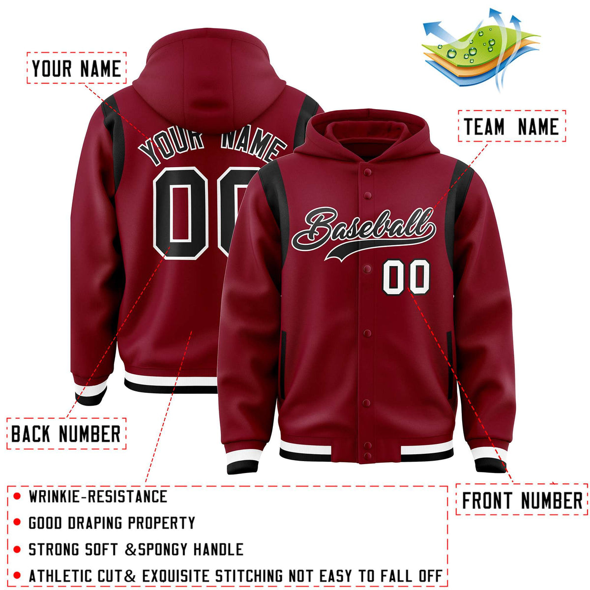 Custom Crimson Black Varsity Full-Snap Letterman Shoulder Color Block Jacket Hoodie| KXKSHOP