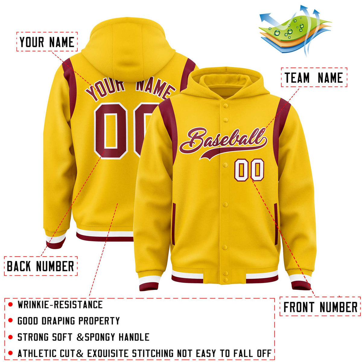 Custom Gold Crimson Varsity Full-Snap Letterman Shoulder Color Block Jacket Hoodie| KXKSHOP