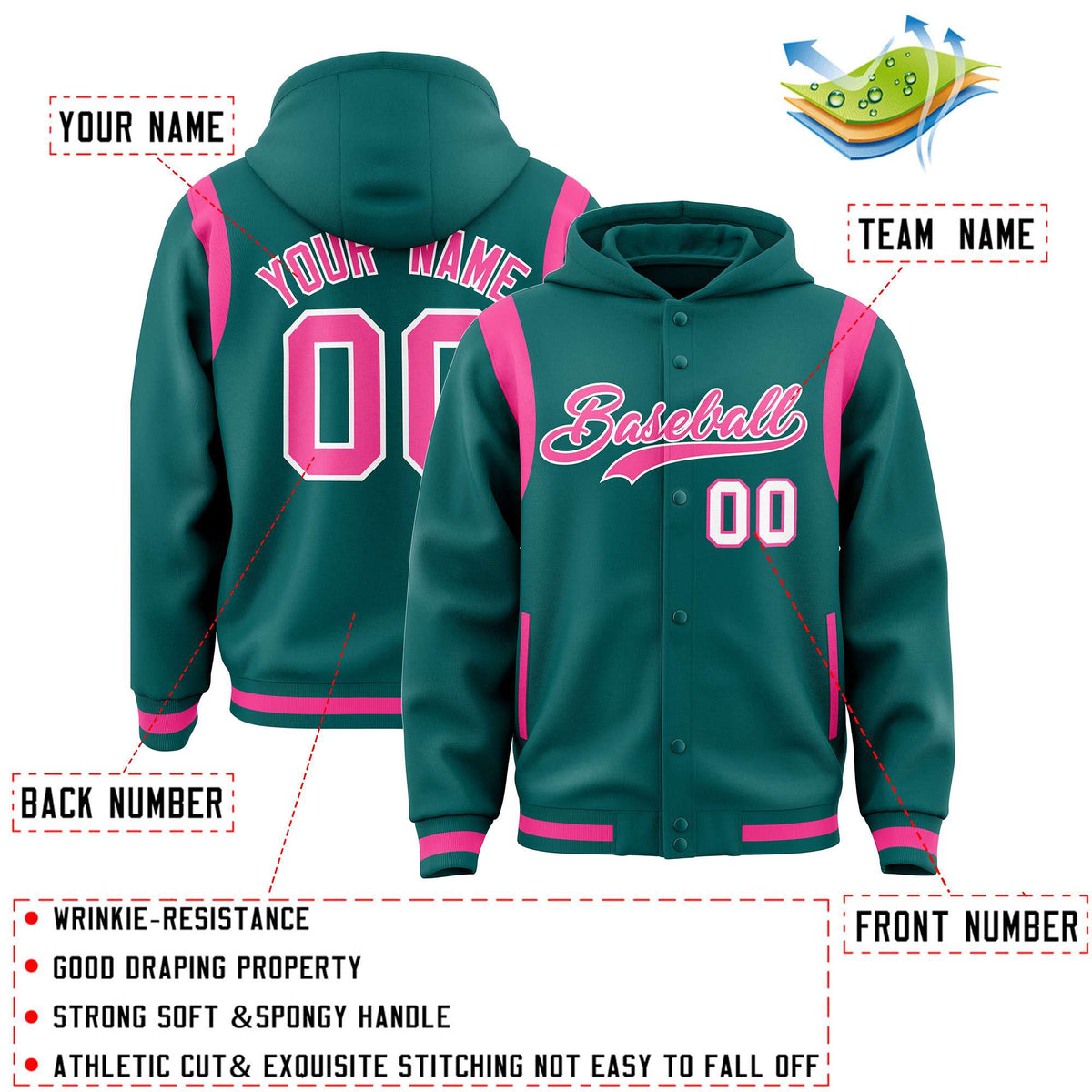 Custom Aqua Pink Varsity Full-Snap Letterman Shoulder Color Block Jacket Hoodie| KXKSHOP