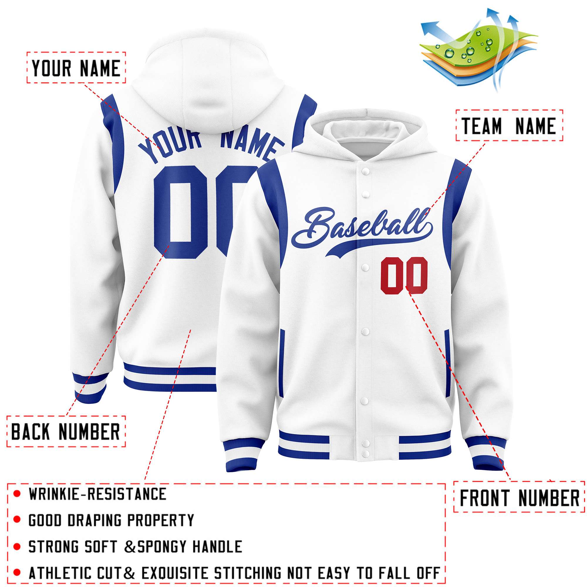 Custom White Royal Varsity Full-Snap Letterman Shoulder Color Block Jacket Hoodie| KXKSHOP