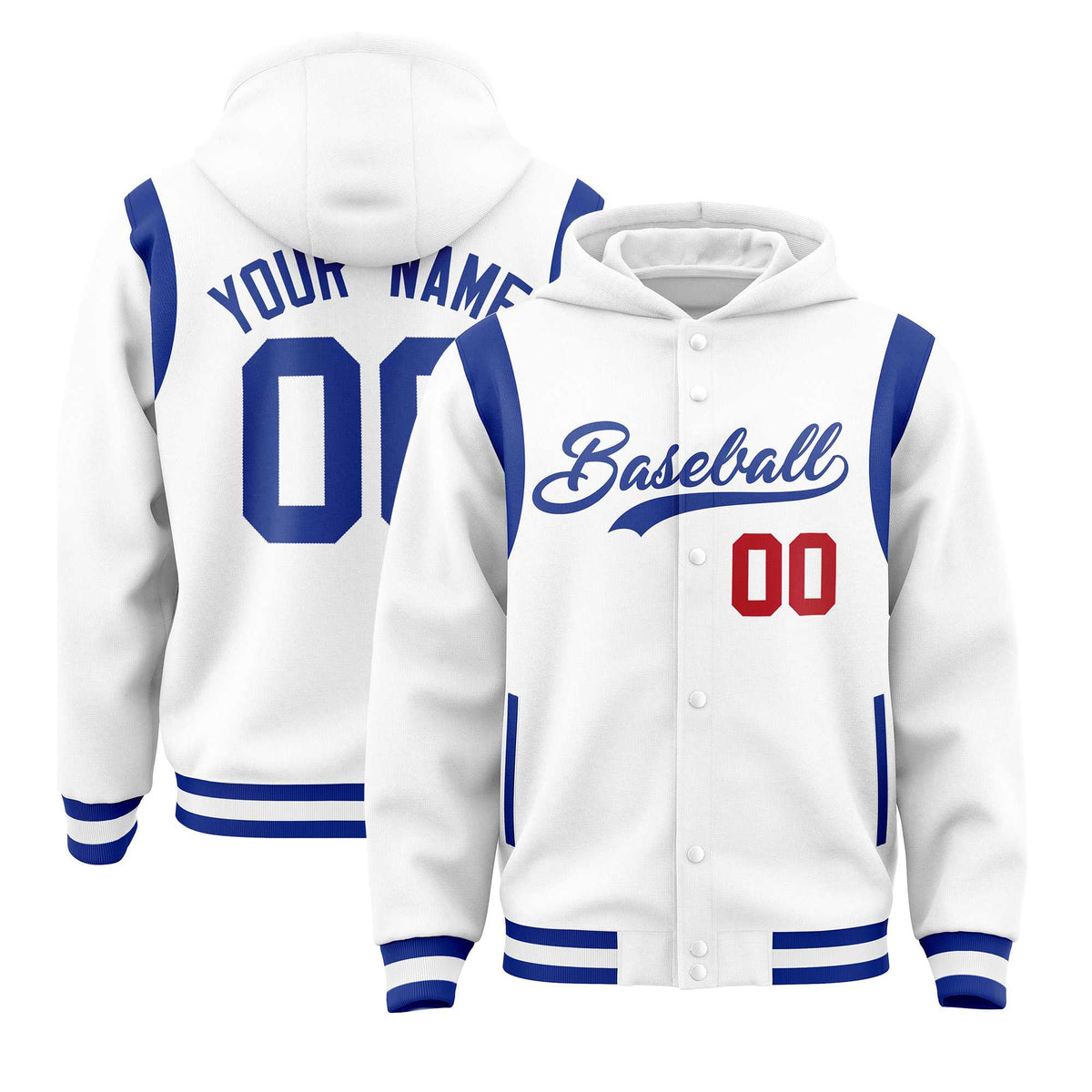 Custom White Royal Varsity Full-Snap Letterman Shoulder Color Block Jacket Hoodie| KXKSHOP