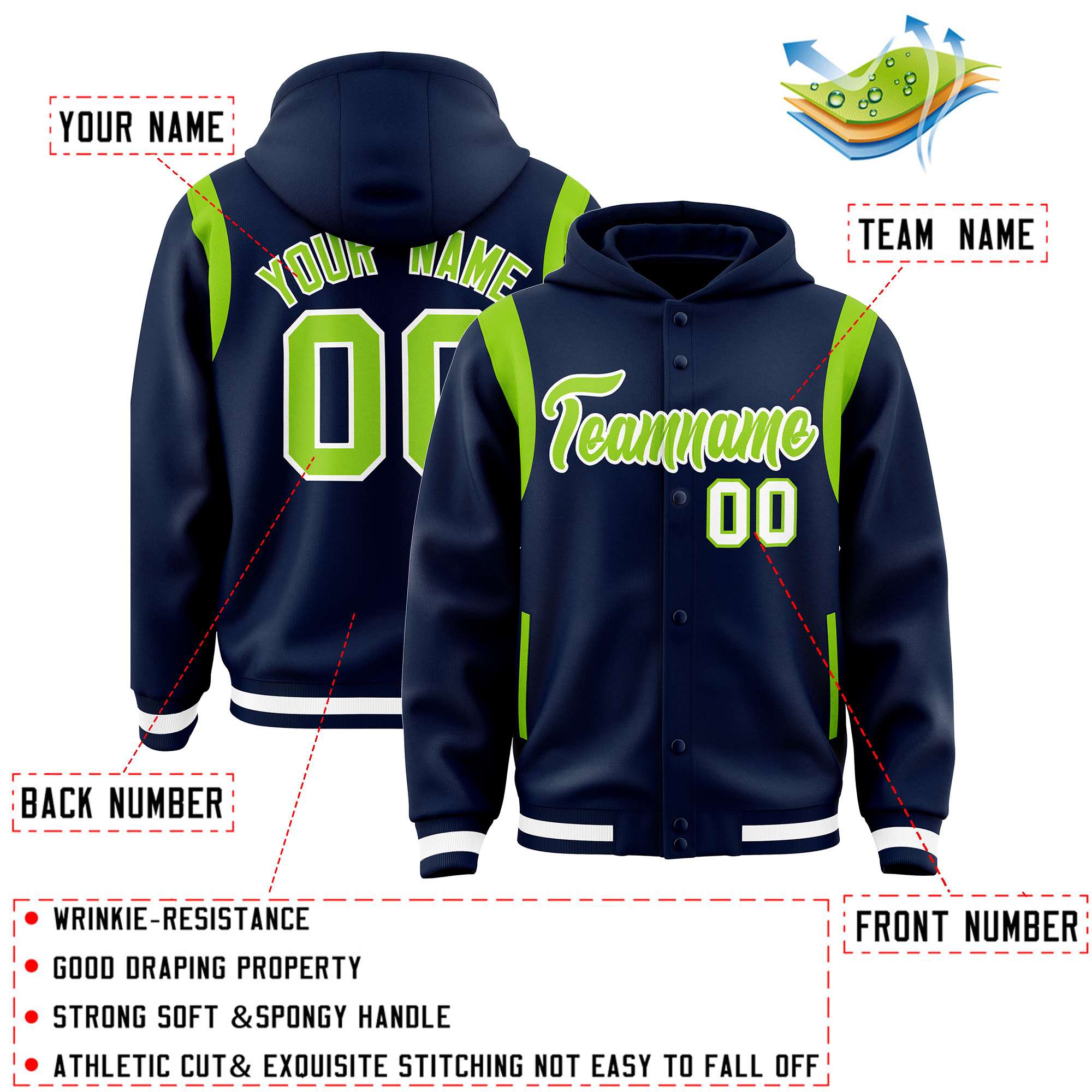 Custom Navy Neon Green Varsity Full-Snap Letterman Shoulder Color Block Jacket Hoodie| KXKSHOP