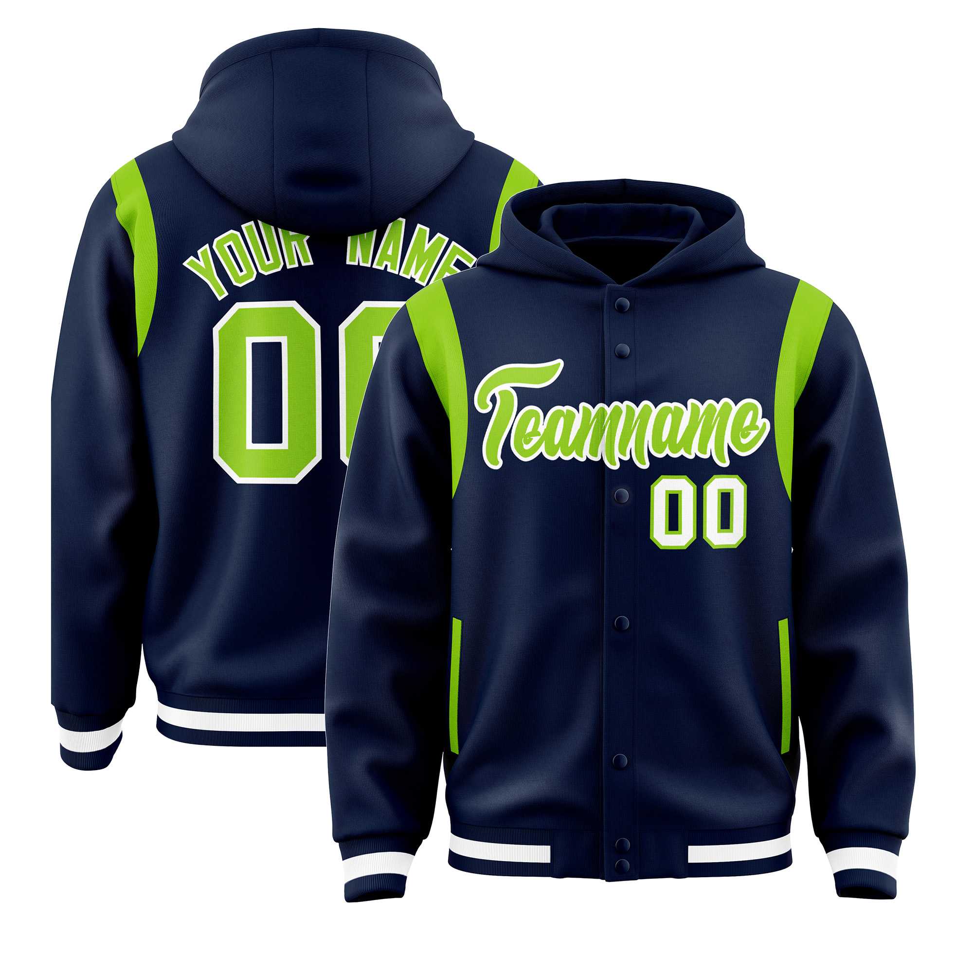 Custom Navy Neon Green Varsity Full-Snap Letterman Shoulder Color Block Jacket Hoodie| KXKSHOP