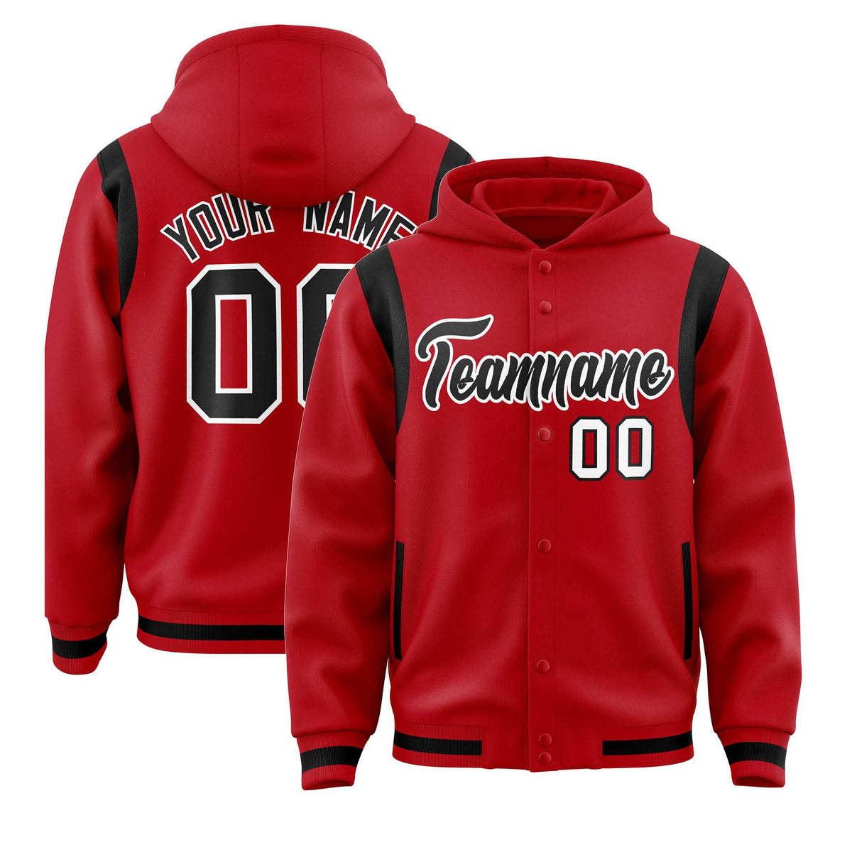 Custom Red Black Varsity Full-Snap Letterman Shoulder Color Block Jacket Hoodie| KXKSHOP