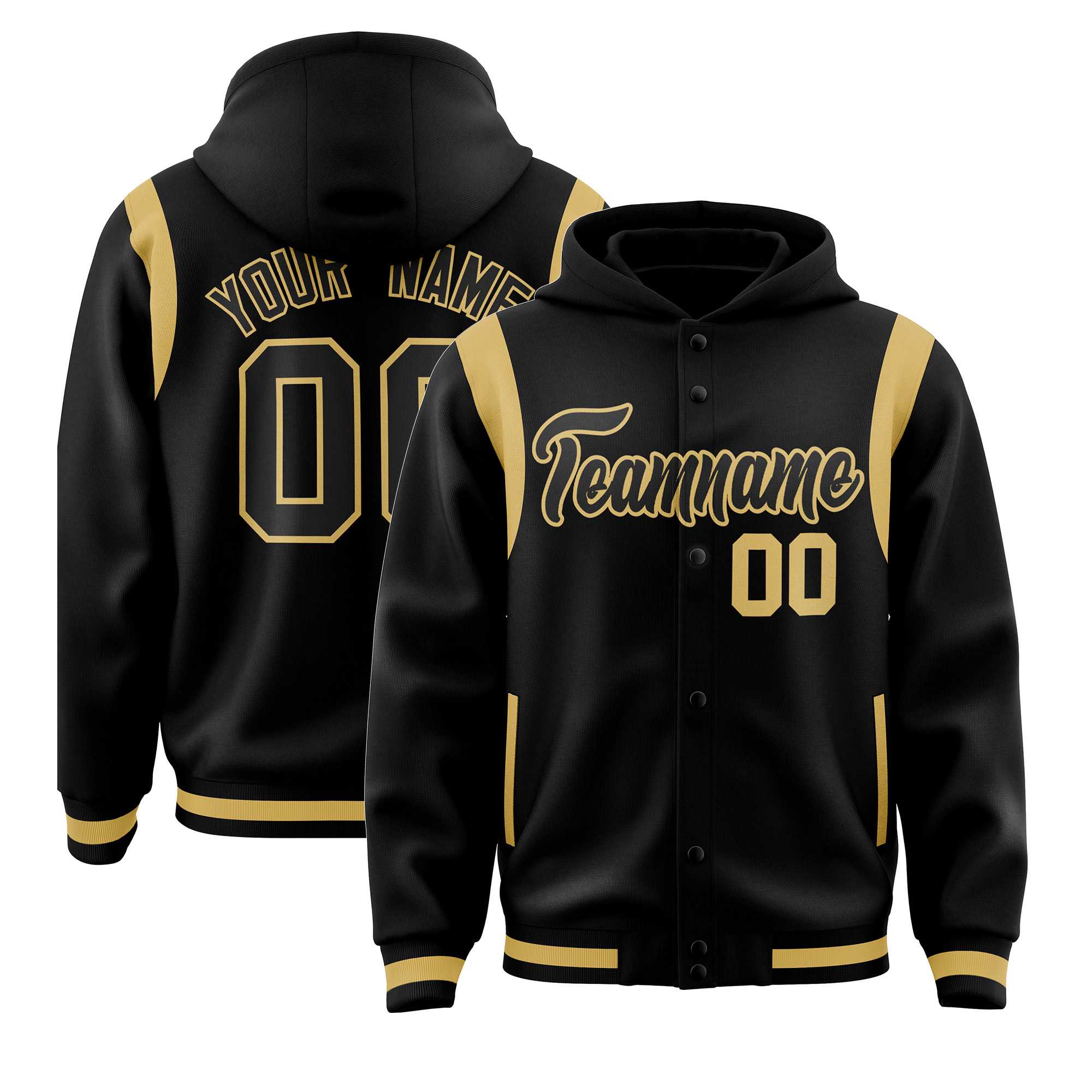 Custom Black Black Varsity Full-Snap Letterman Shoulder Color Block Jacket Hoodie| KXKSHOP