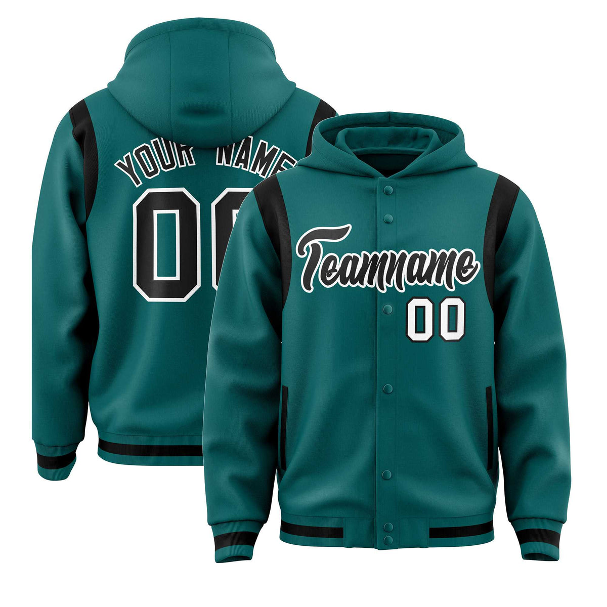 Custom Aqua Black Varsity Full-Snap Letterman Shoulder Color Block Jacket Hoodie| KXKSHOP