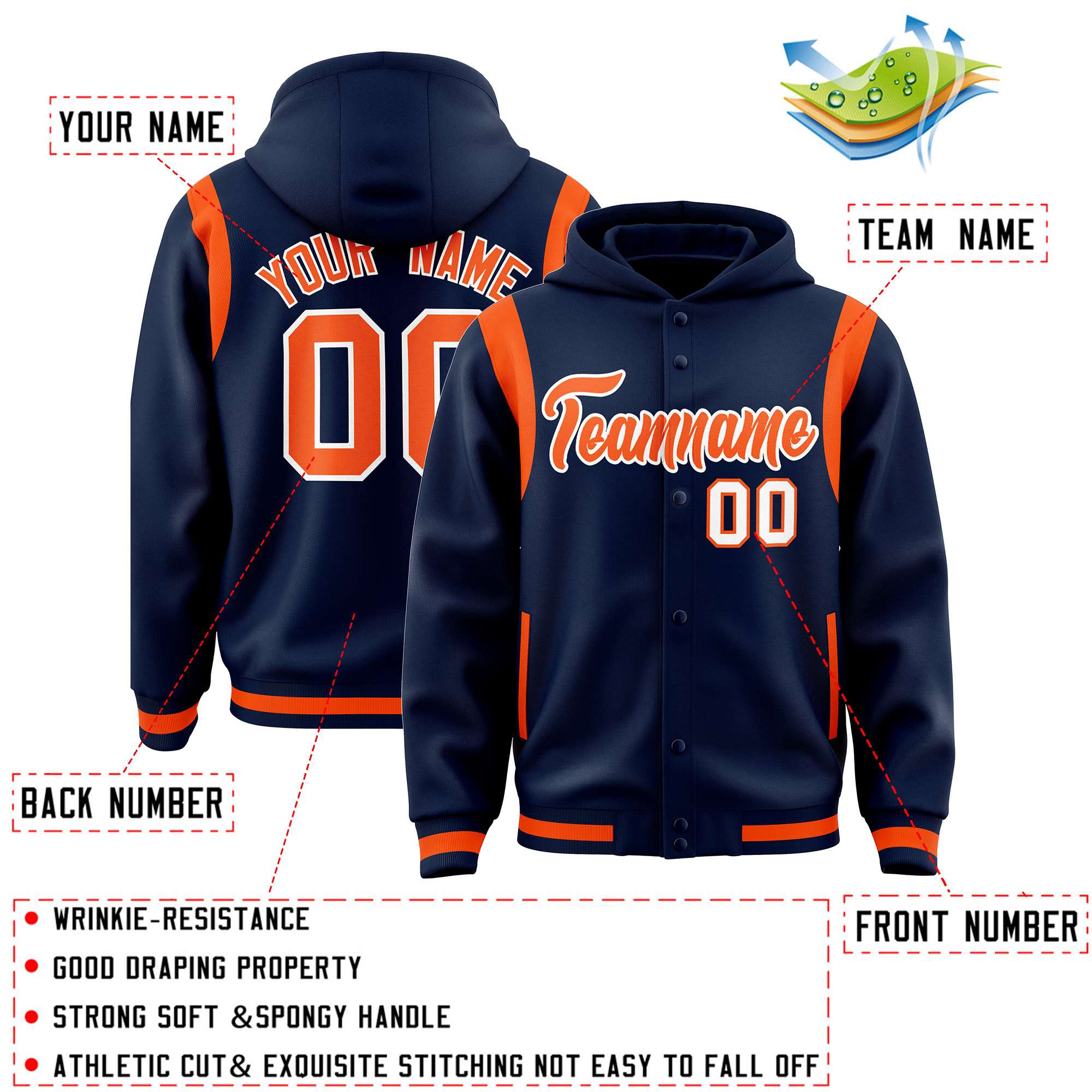Custom Navy Orange Varsity Full-Snap Letterman Shoulder Color Block Jacket Hoodie| KXKSHOP