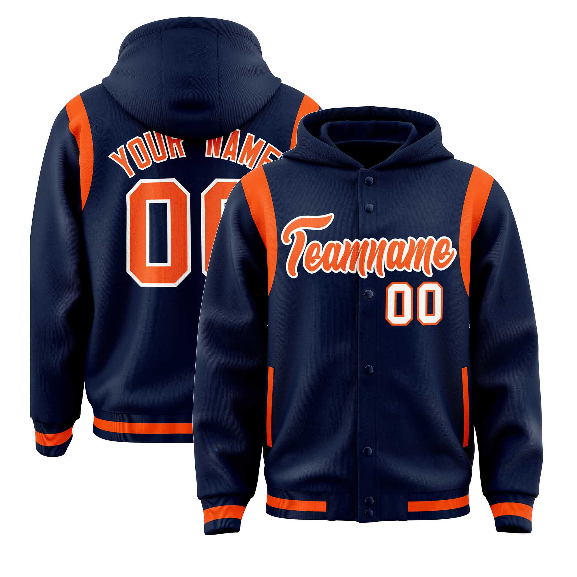 Custom Navy Orange Varsity Full-Snap Letterman Shoulder Color Block Jacket Hoodie| KXKSHOP