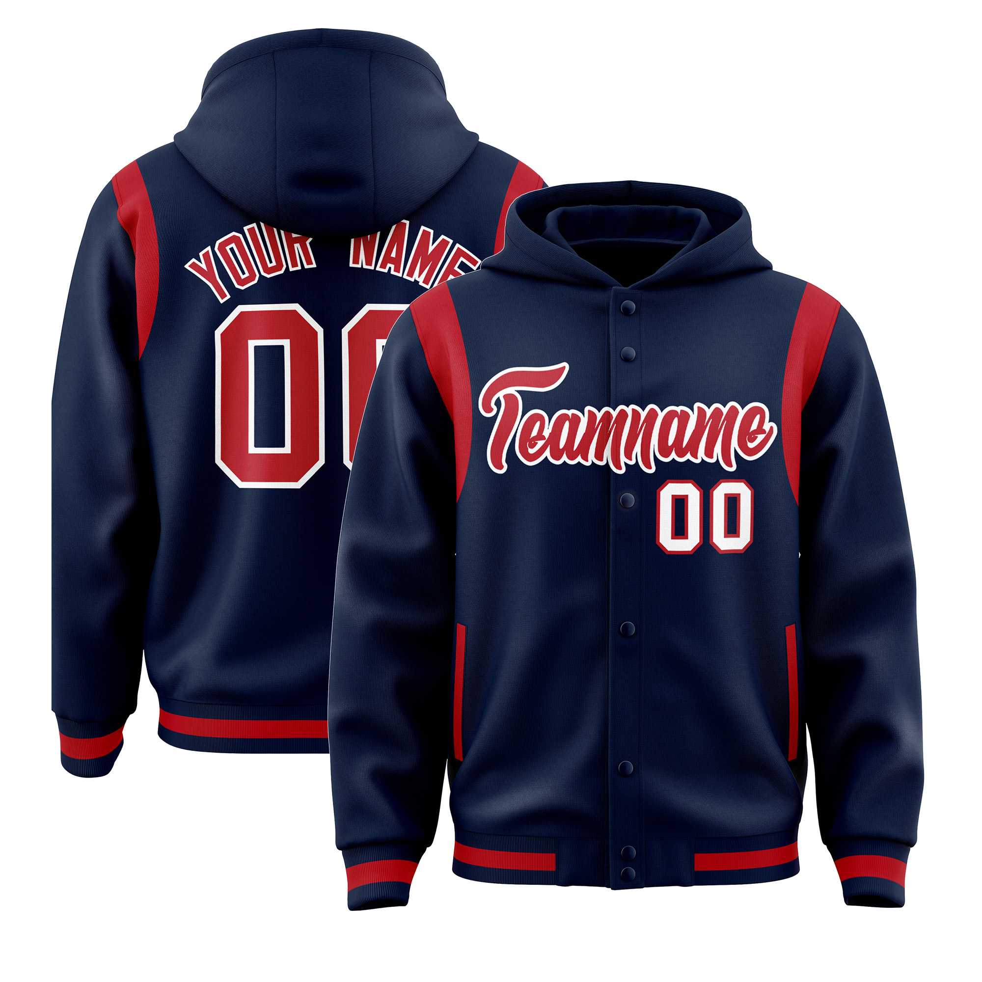 Custom Navy Red Varsity Full-Snap Letterman Shoulder Color Block Jacket Hoodie| KXKSHOP