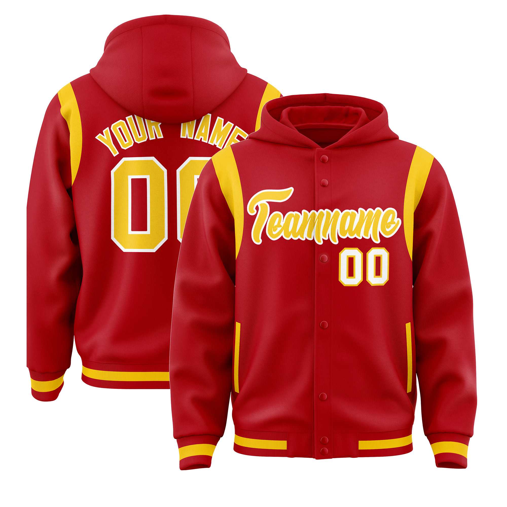 Custom Red Gold Varsity Full-Snap Letterman Shoulder Color Block Jacket Hoodie| KXKSHOP