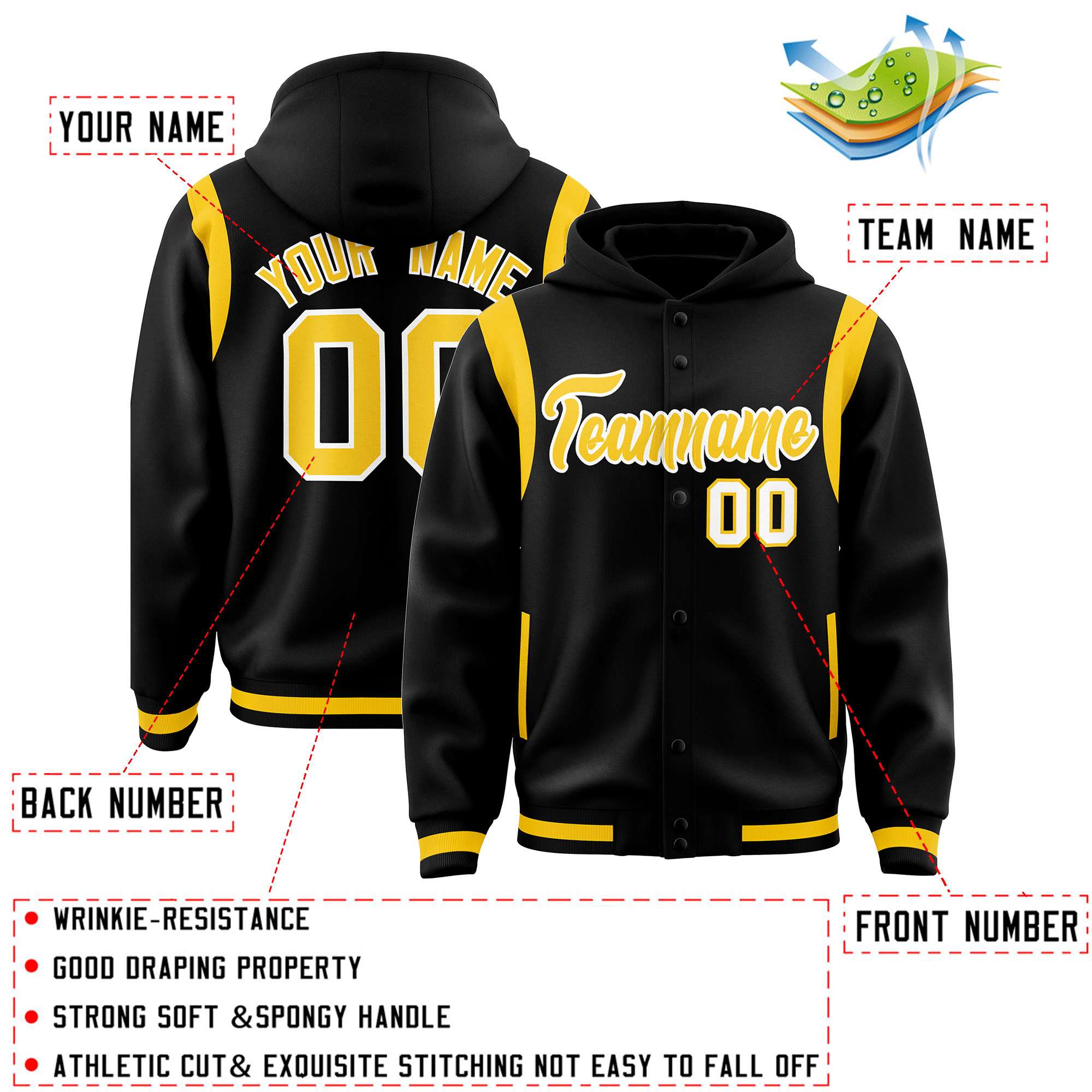 Custom Black Gold Varsity Full-Snap Letterman Shoulder Color Block Jacket Hoodie| KXKSHOP