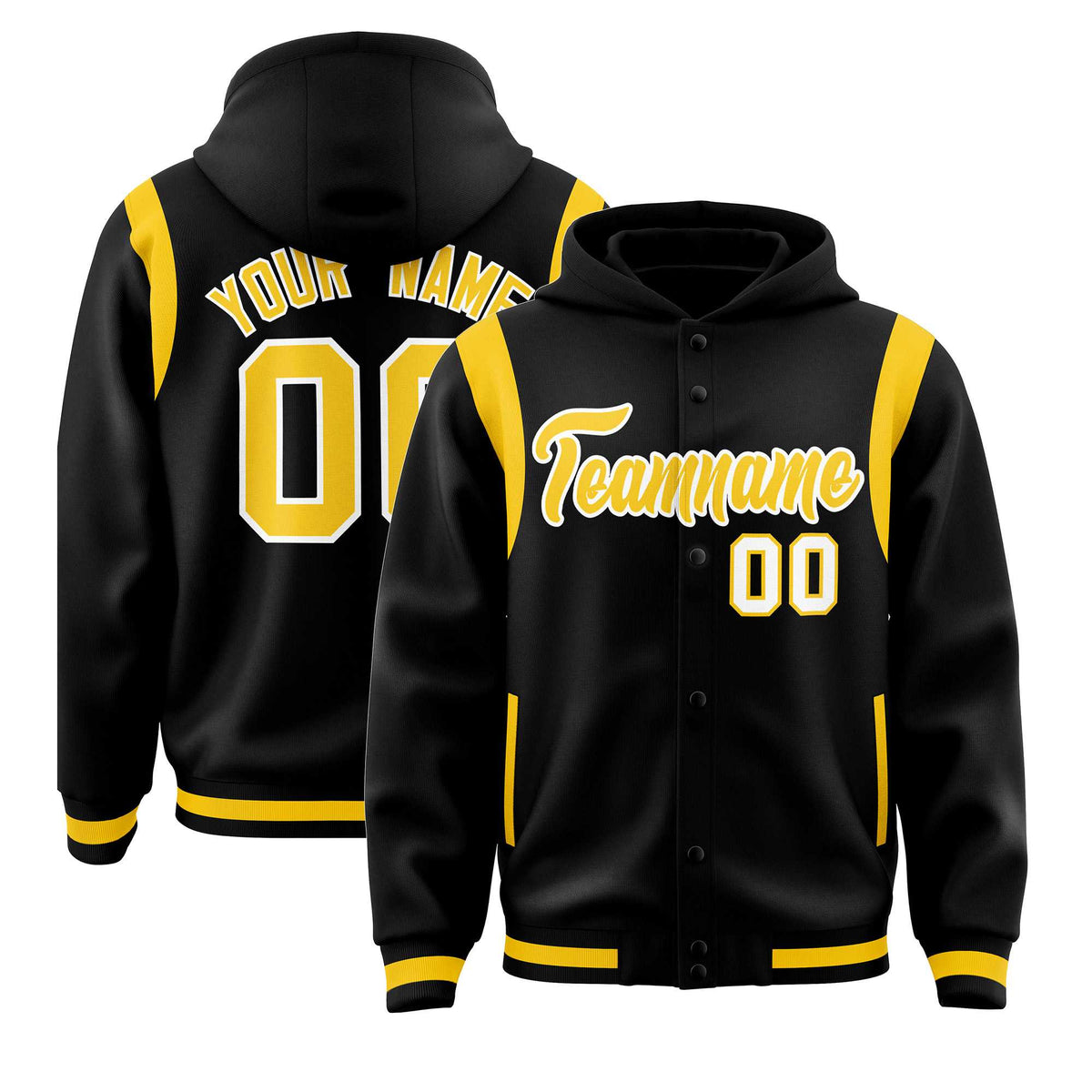 Custom Black Gold Varsity Full-Snap Letterman Shoulder Color Block Jacket Hoodie| KXKSHOP