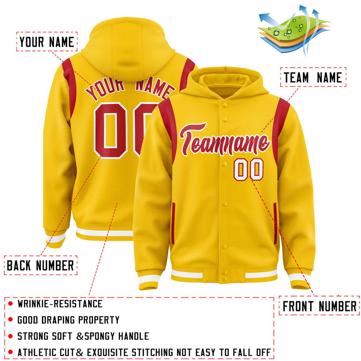 Custom Gold Red Varsity Full-Snap Letterman Shoulder Color Block Jacket Hoodie| KXKSHOP