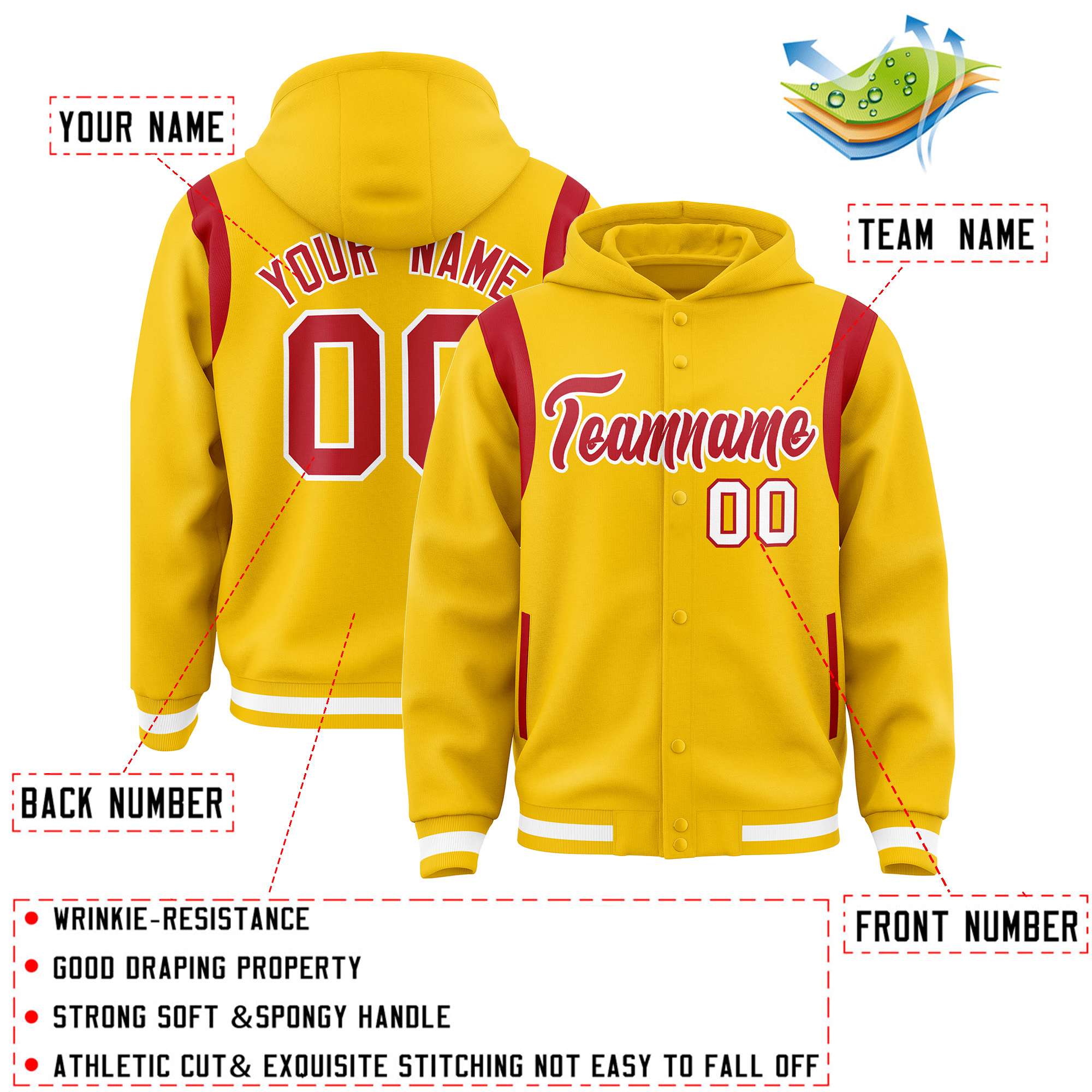 Custom Gold Red Varsity Full-Snap Letterman Shoulder Color Block Jacket Hoodie| KXKSHOP