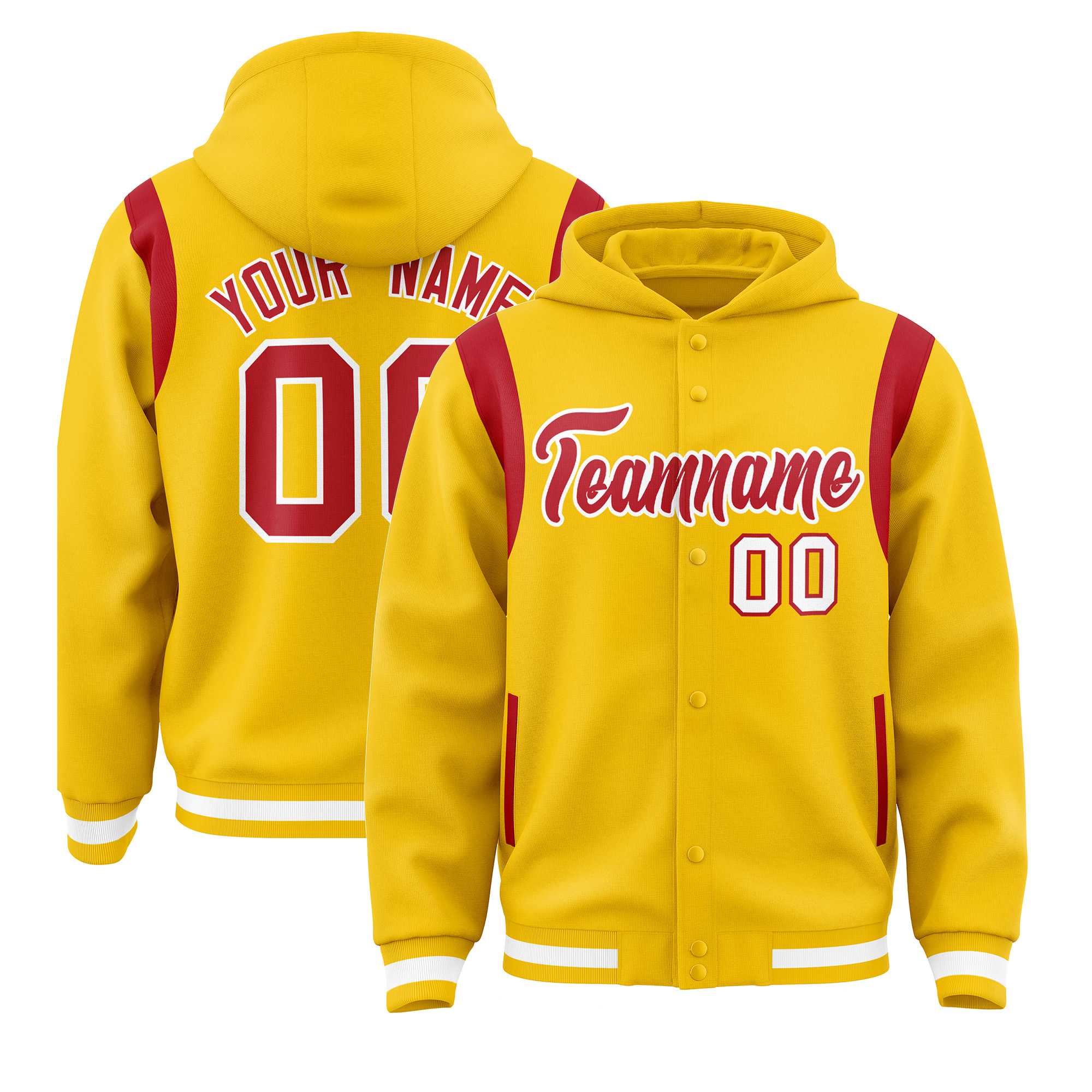Custom Gold Red Varsity Full-Snap Letterman Shoulder Color Block Jacket Hoodie| KXKSHOP