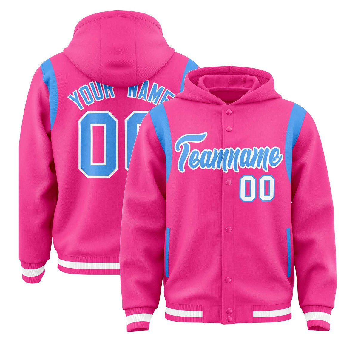Custom Pink Powder Blue Varsity Full-Snap Letterman Shoulder Color Block Jacket Hoodie| KXKSHOP