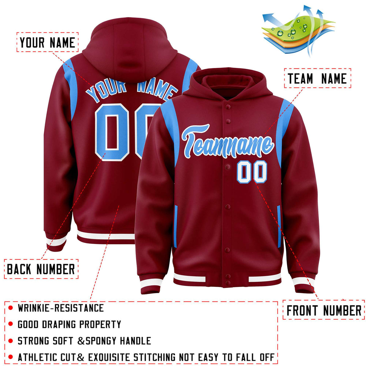 Custom Crimson Powder Blue Varsity Full-Snap Letterman Shoulder Color Block Jacket Hoodie| KXKSHOP