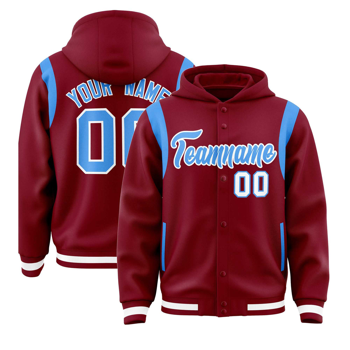 Custom Crimson Powder Blue Varsity Full-Snap Letterman Shoulder Color Block Jacket Hoodie| KXKSHOP
