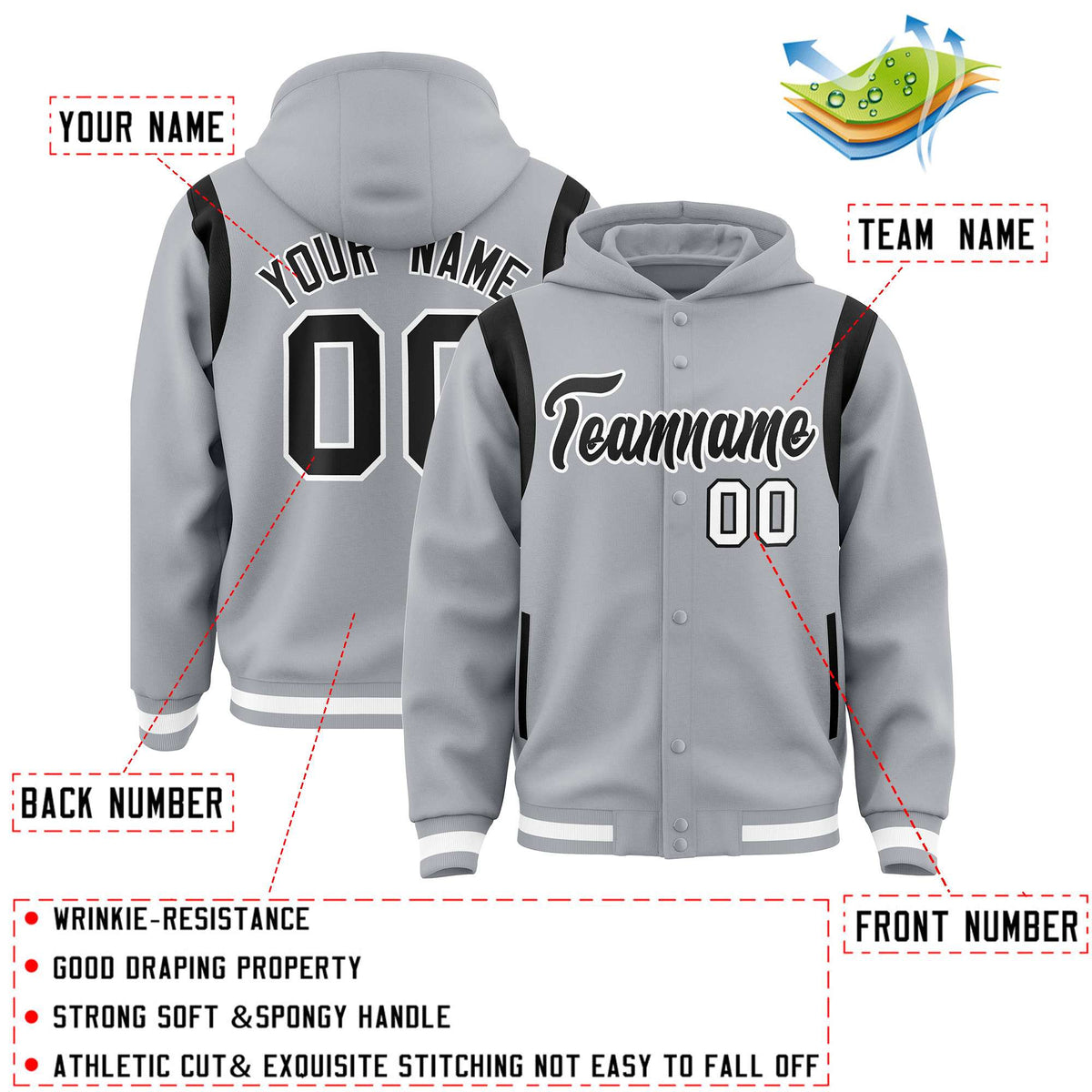 Custom Silver Black Varsity Full-Snap Letterman Shoulder Color Block Jacket Hoodie| KXKSHOP