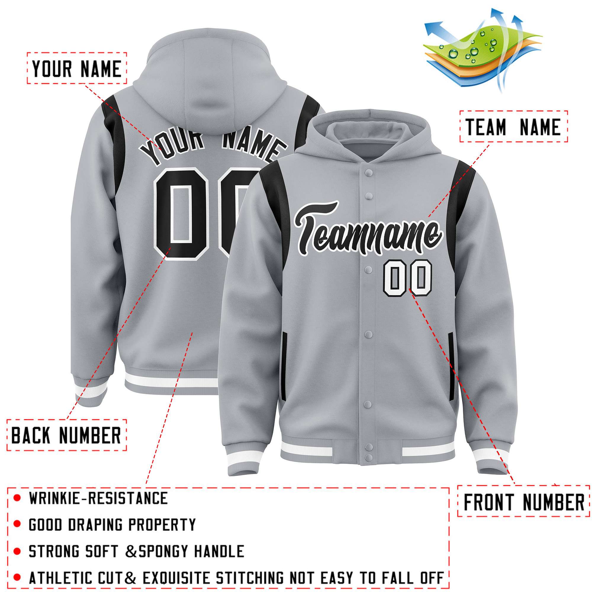 Custom Silver Black Varsity Full-Snap Letterman Shoulder Color Block Jacket Hoodie| KXKSHOP