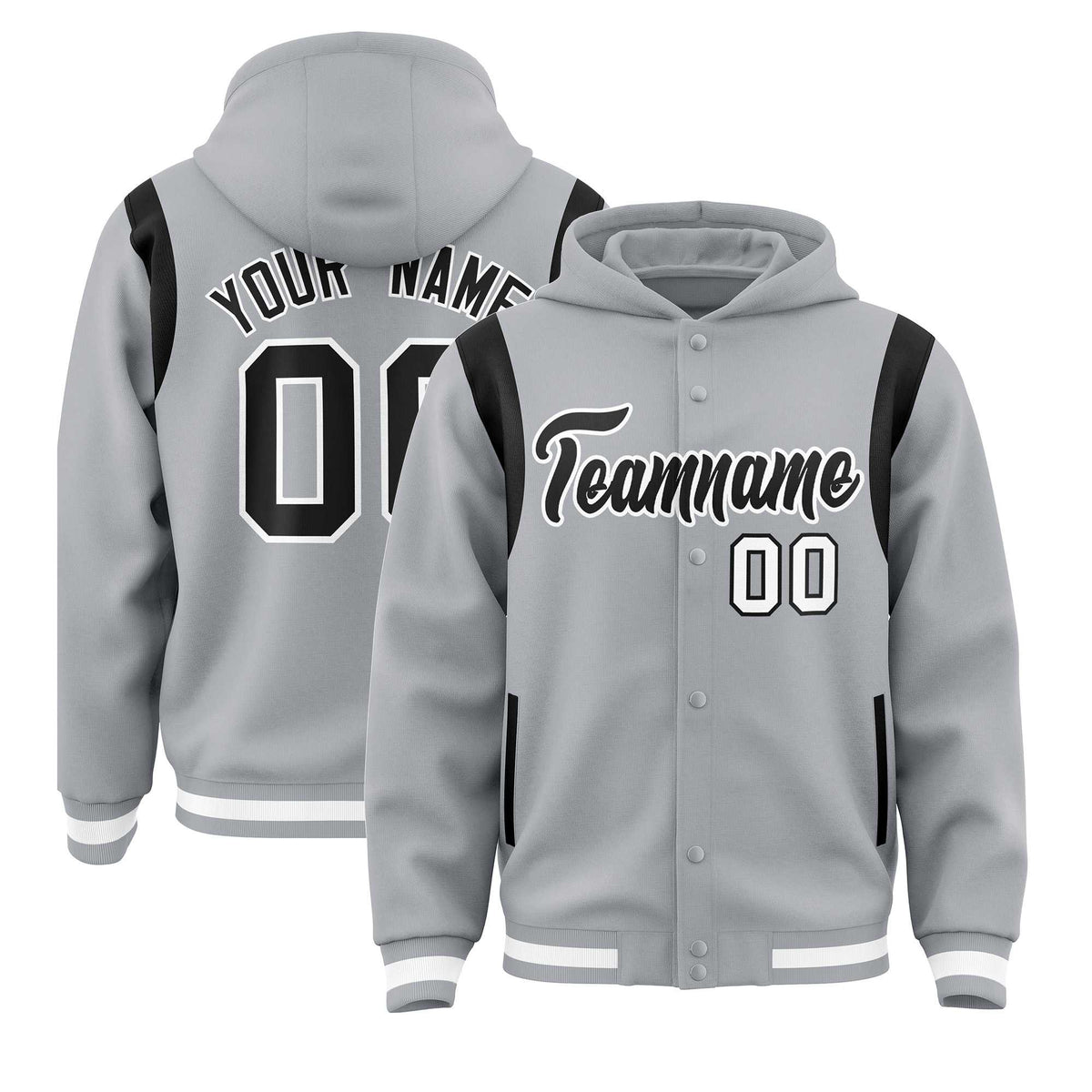 Custom Silver Black Varsity Full-Snap Letterman Shoulder Color Block Jacket Hoodie| KXKSHOP