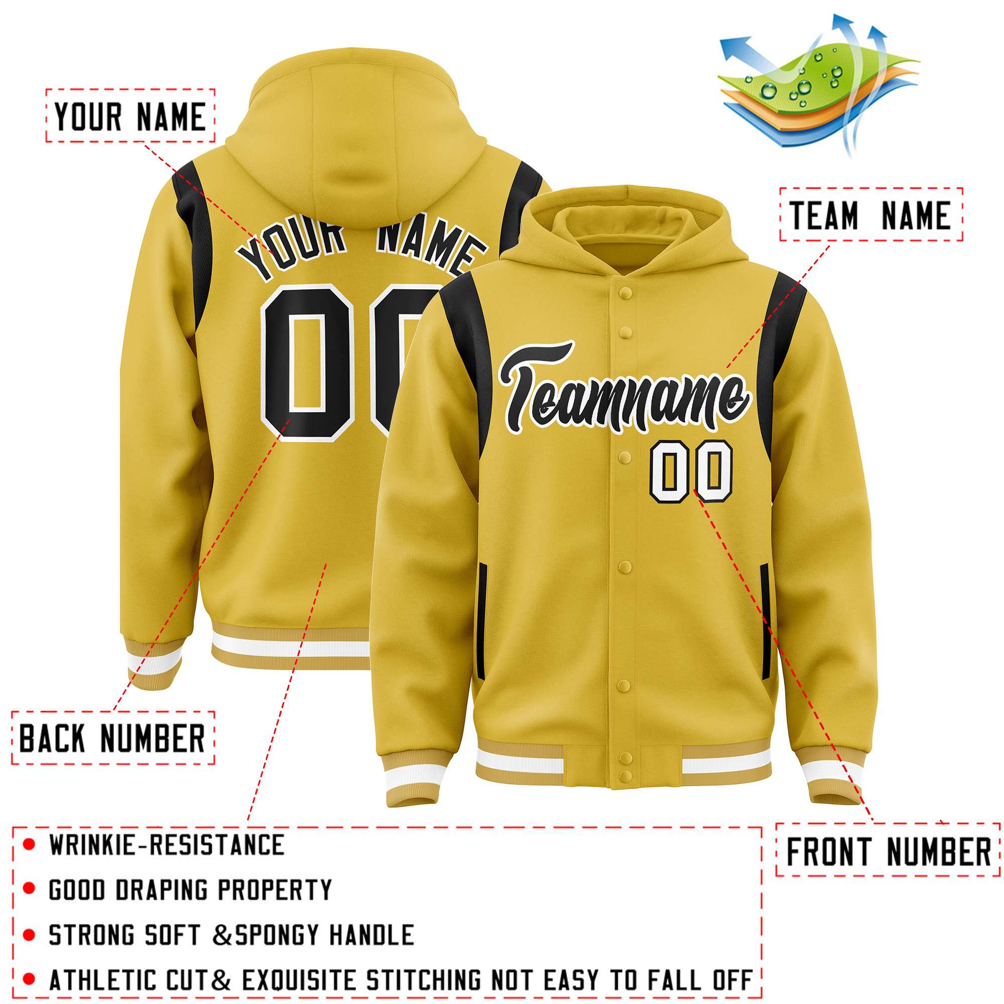 Custom Old Gold Black Varsity Full-Snap Letterman Shoulder Color Block Jacket Hoodie| KXKSHOP