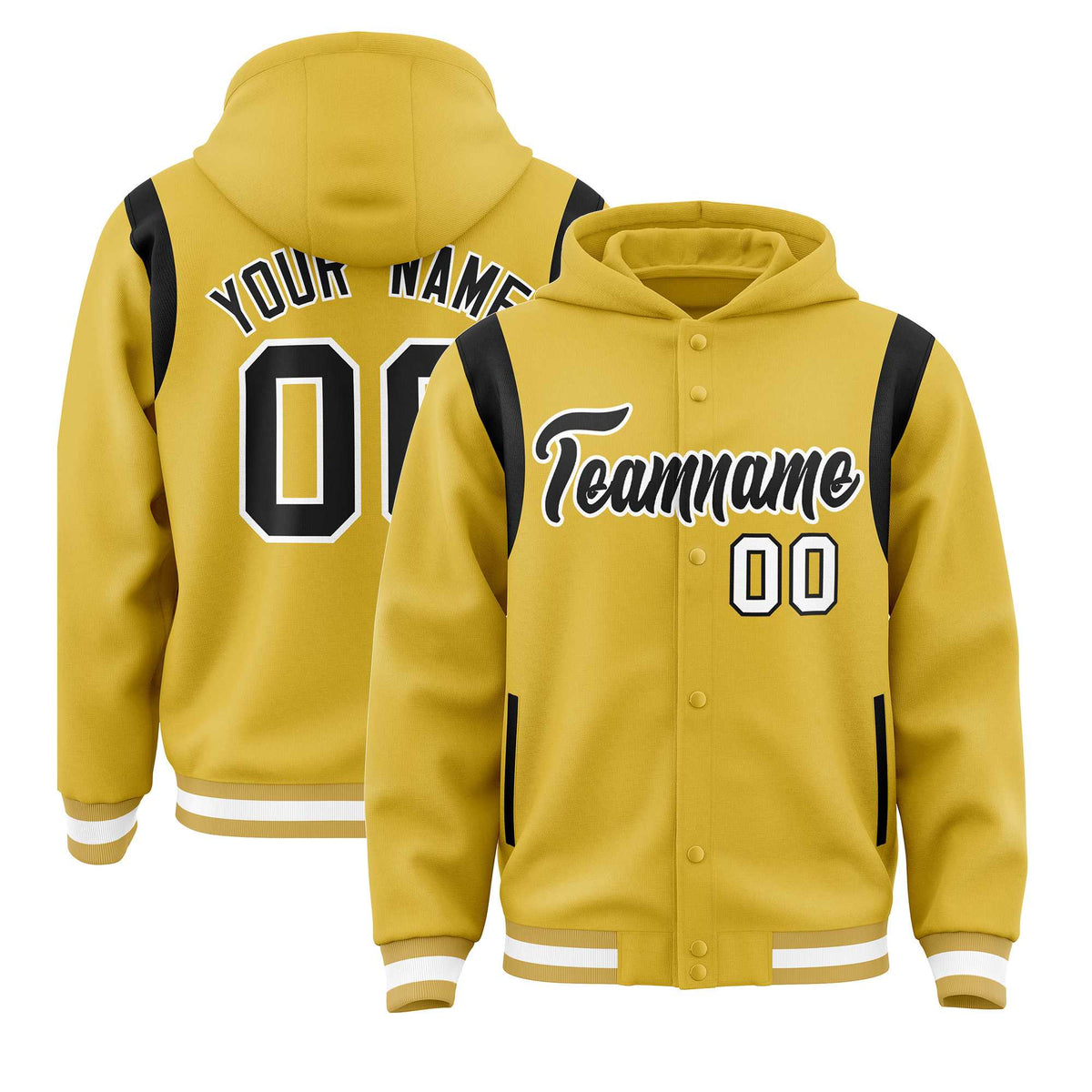 Custom Old Gold Black Varsity Full-Snap Letterman Shoulder Color Block Jacket Hoodie| KXKSHOP