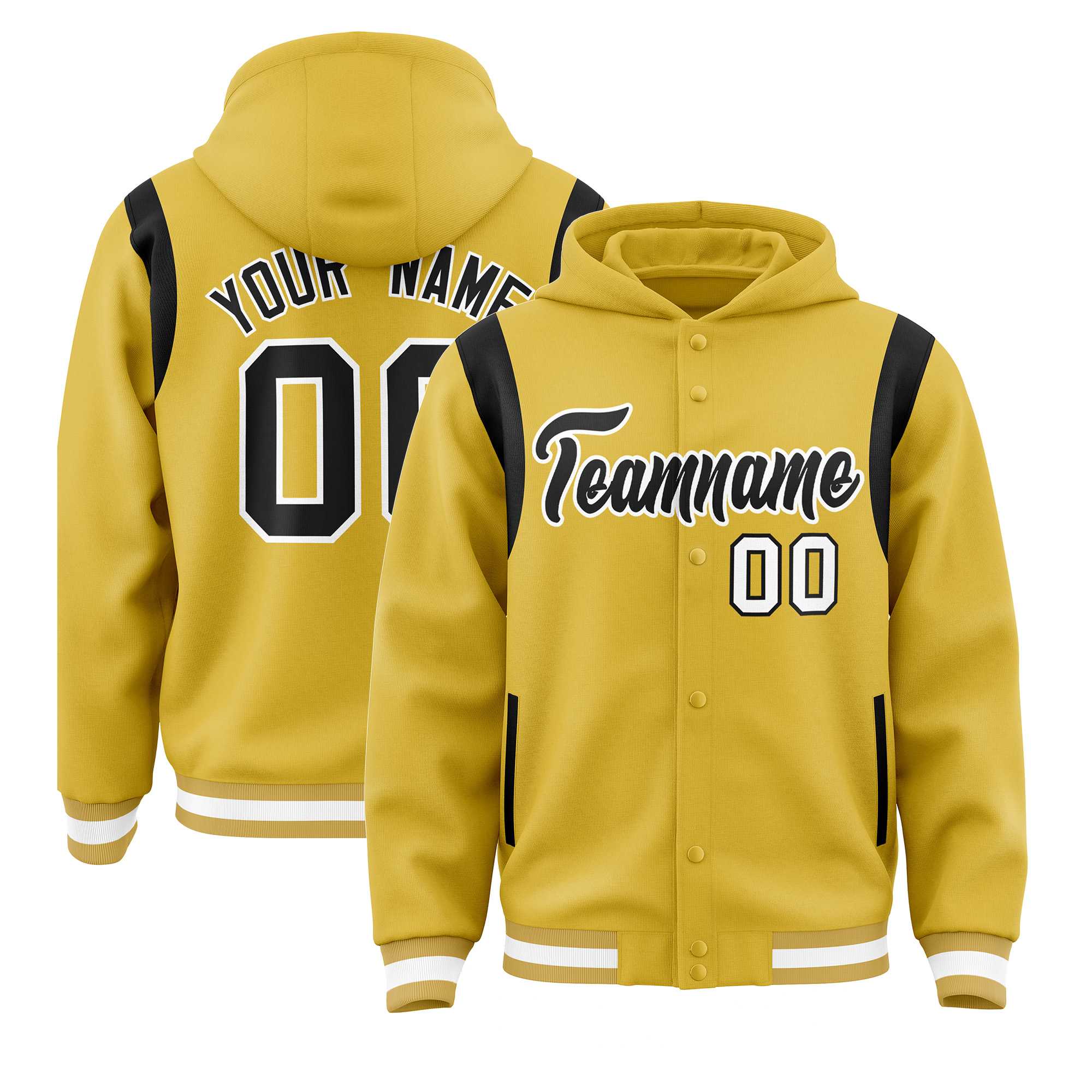 Custom Old Gold Black Varsity Full-Snap Letterman Shoulder Color Block Jacket Hoodie| KXKSHOP