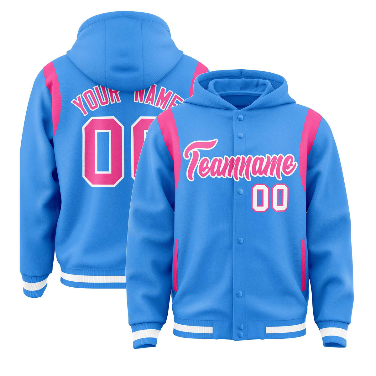 Custom Powder Blue Pink Varsity Full-Snap Letterman Shoulder Color Block Jacket Hoodie| KXKSHOP